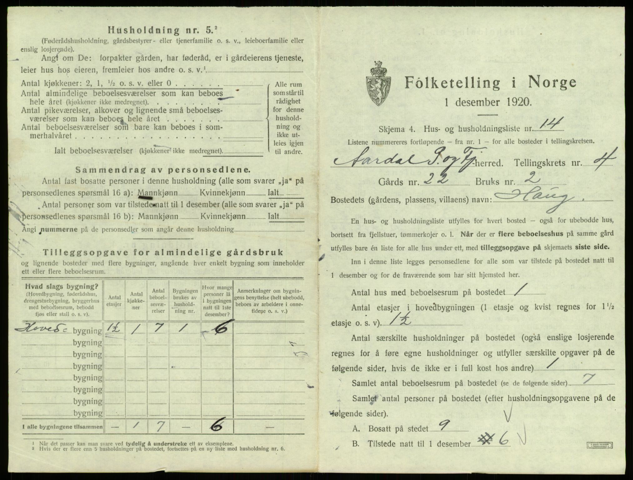 SAB, 1920 census for Årdal, 1920, p. 365