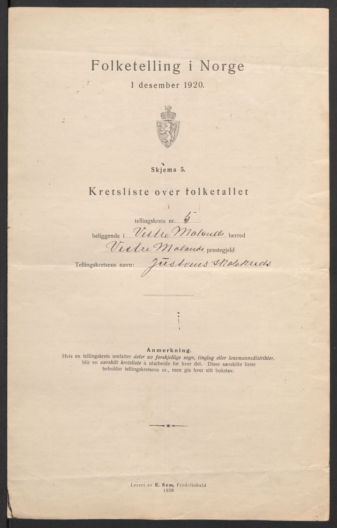 SAK, 1920 census for Vestre Moland, 1920, p. 24