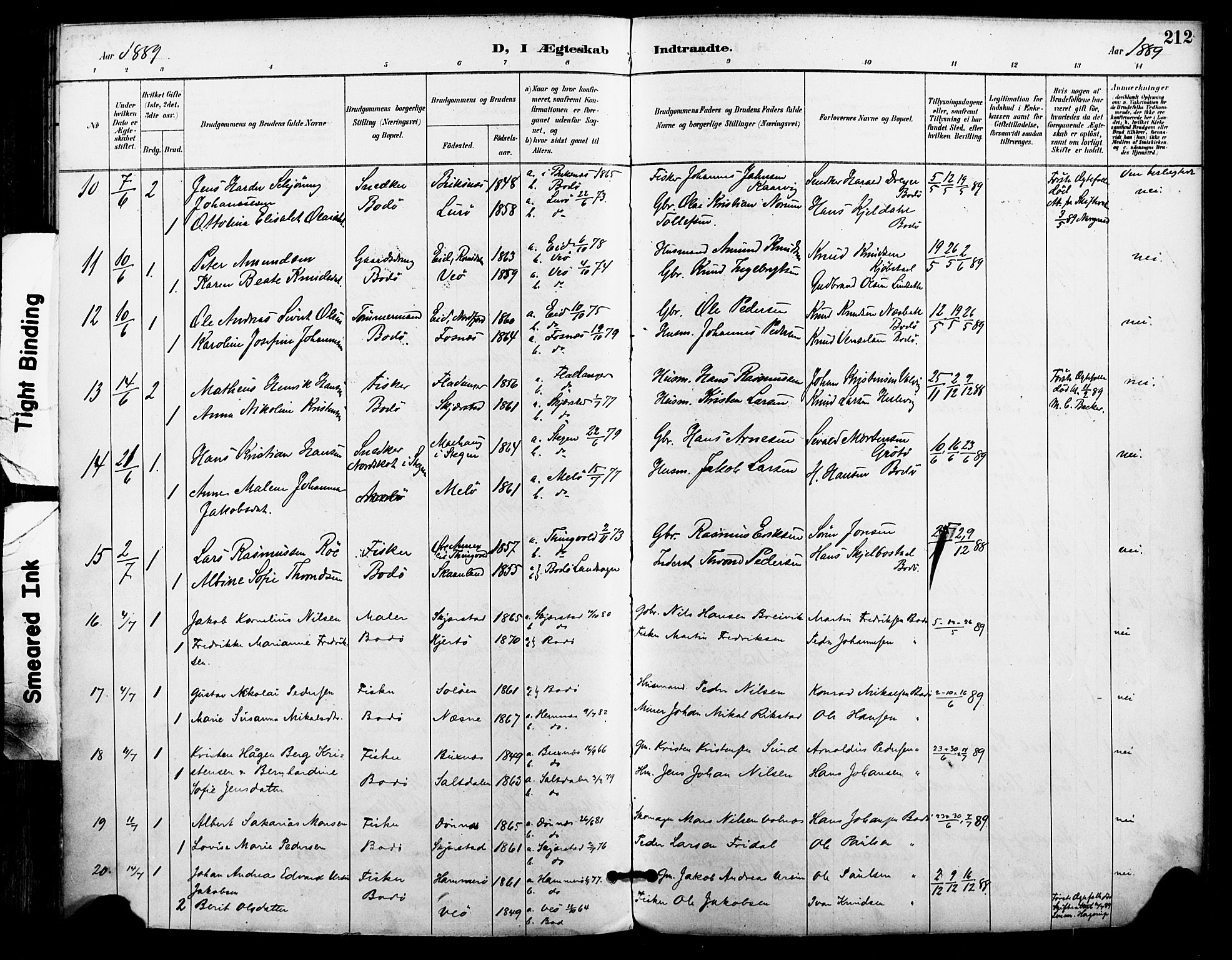 Ministerialprotokoller, klokkerbøker og fødselsregistre - Nordland, AV/SAT-A-1459/801/L0010: Parish register (official) no. 801A10, 1888-1899, p. 212