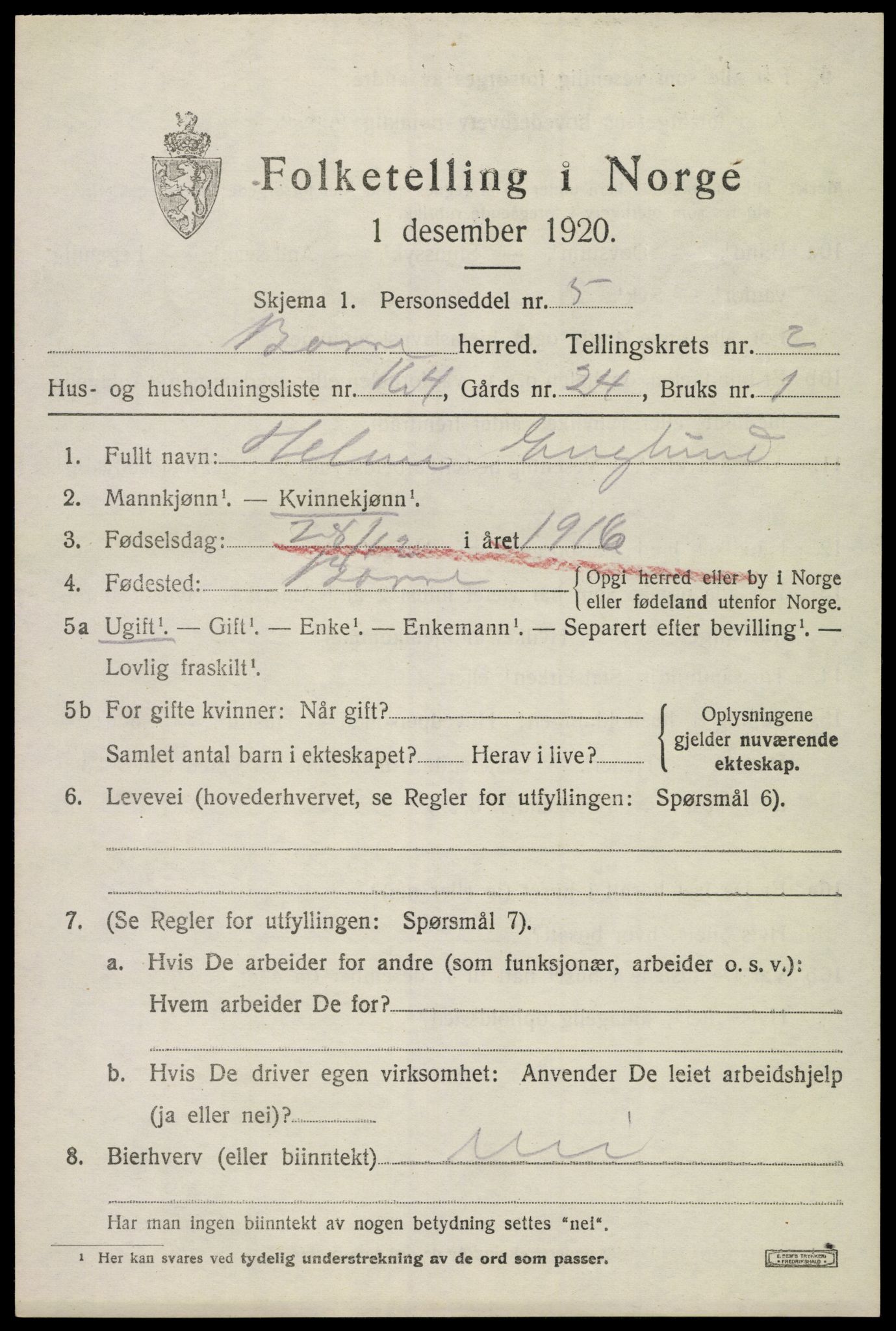 SAKO, 1920 census for Borre, 1920, p. 6092