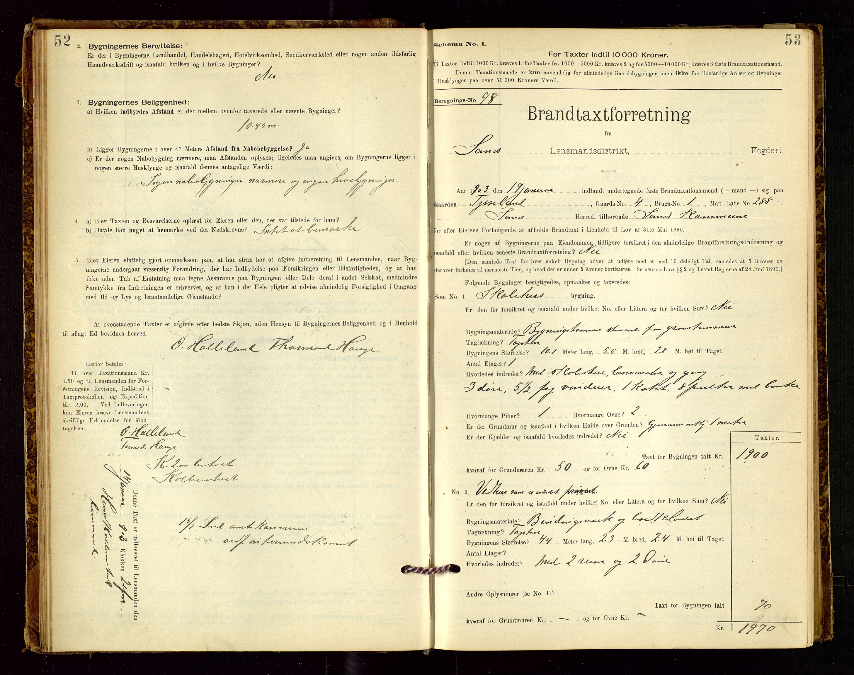 Sand lensmannskontor, AV/SAST-A-100415/Goc/L0001: "Brandtaxationsprotokol", 1895-1935, p. 52-53