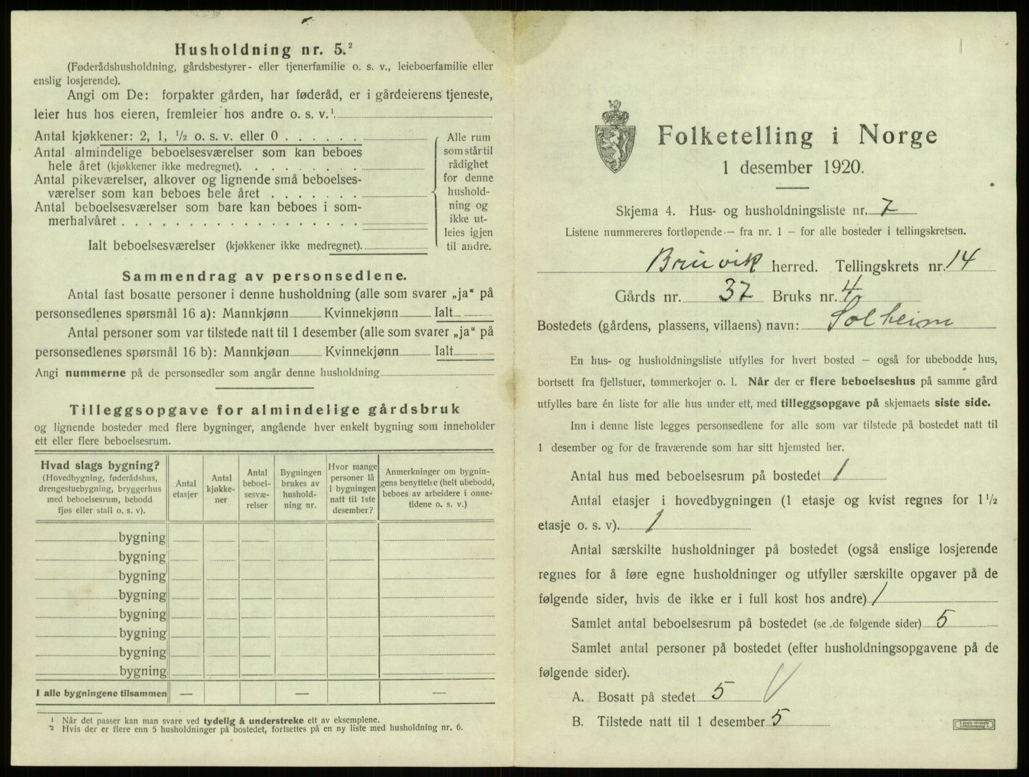 SAB, 1920 census for Bruvik, 1920, p. 952