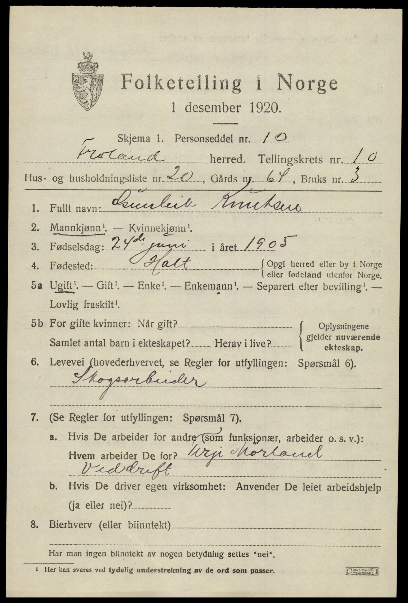 SAK, 1920 census for Froland, 1920, p. 5519