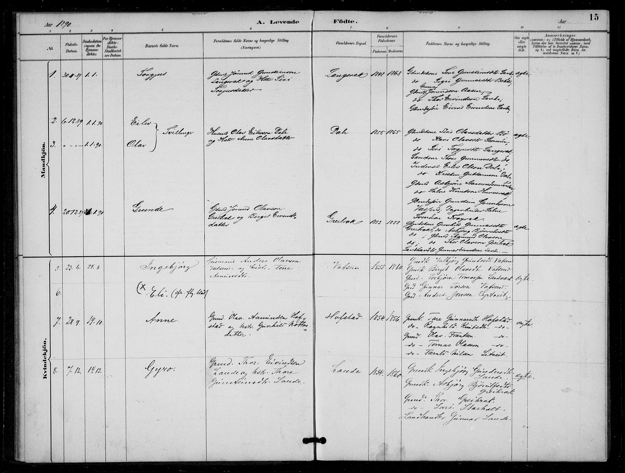 Bygland sokneprestkontor, AV/SAK-1111-0006/F/Fa/Fad/L0001: Parish register (official) no. A 1, 1885-1906, p. 15