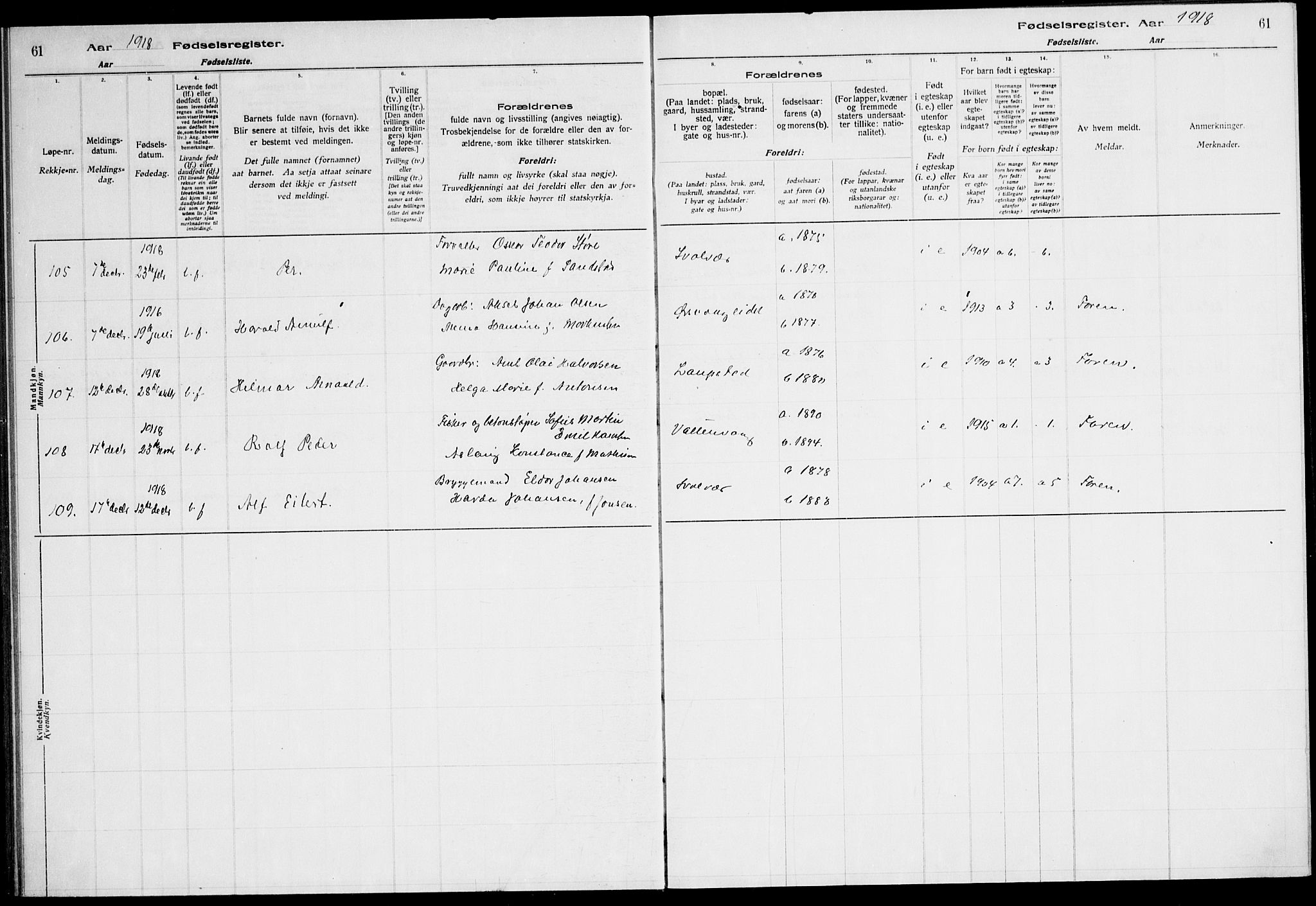 Ministerialprotokoller, klokkerbøker og fødselsregistre - Nordland, AV/SAT-A-1459/874/L1089: Birth register no. 874.II.4.1, 1916-1926, p. 61