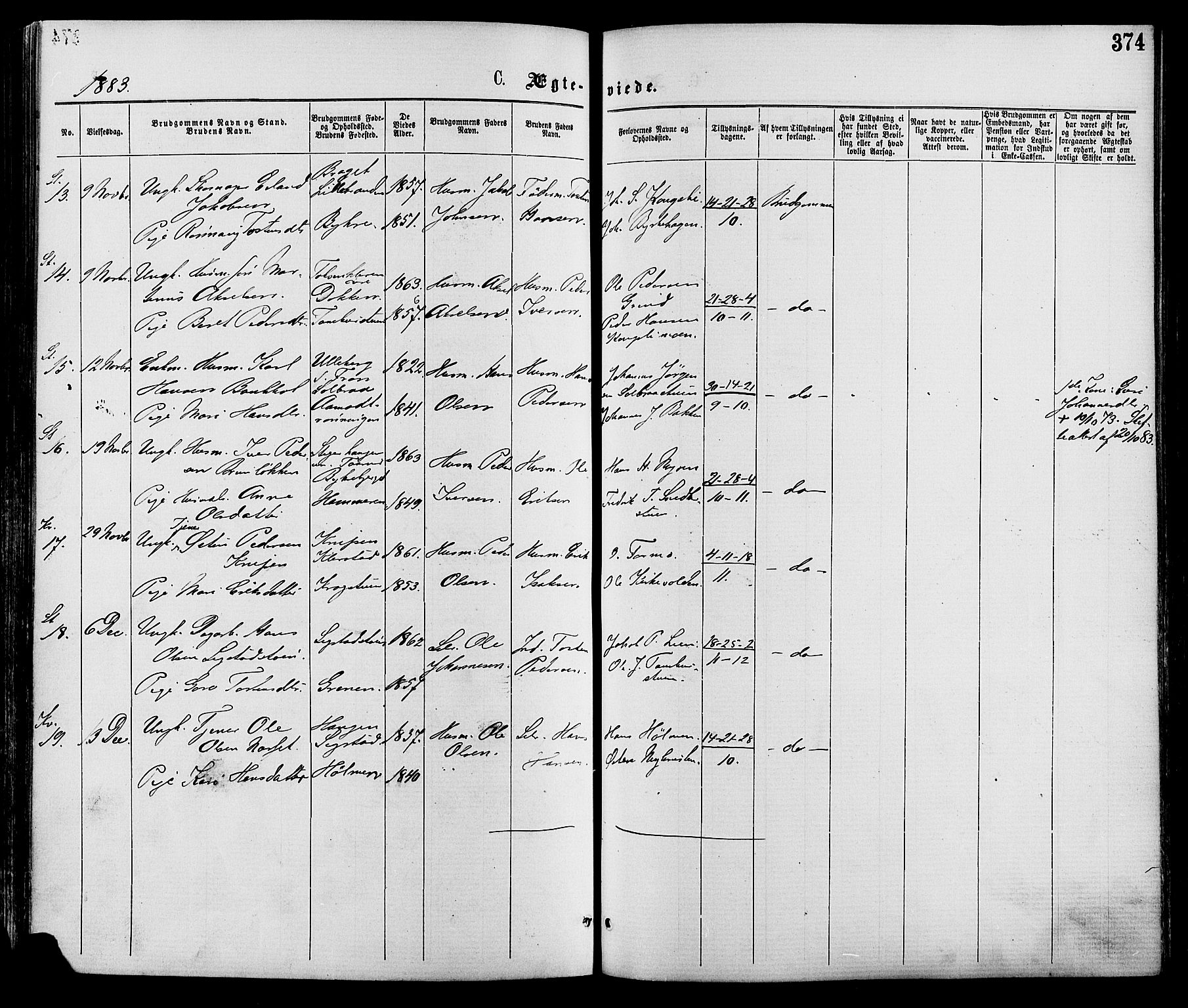 Nord-Fron prestekontor, SAH/PREST-080/H/Ha/Haa/L0002: Parish register (official) no. 2, 1865-1883, p. 374