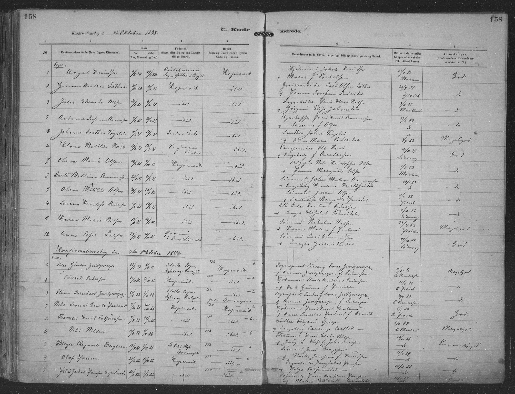 Kopervik sokneprestkontor, SAST/A-101850/H/Ha/Haa/L0001: Parish register (official) no. A 1, 1880-1919, p. 158