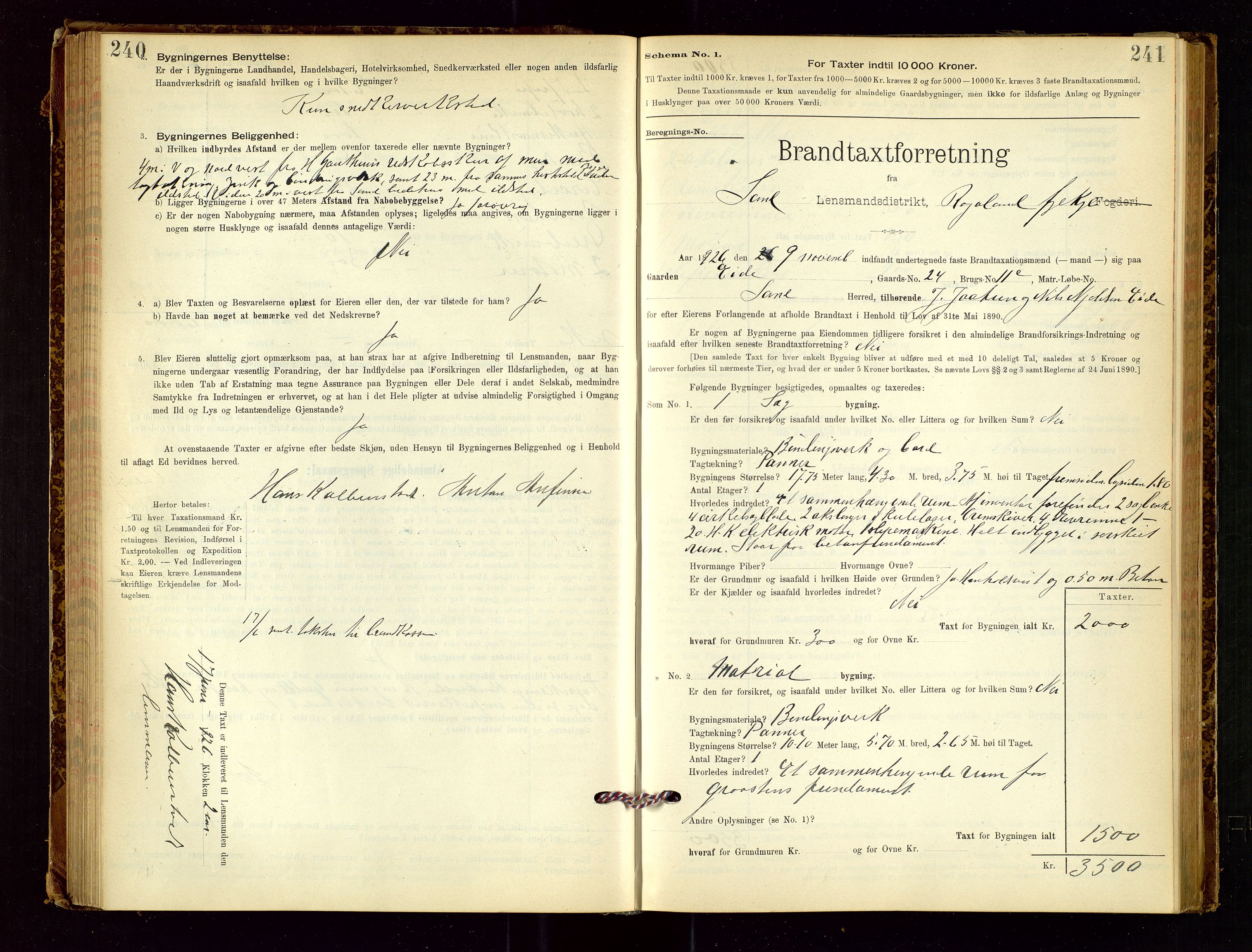 Sand lensmannskontor, AV/SAST-A-100415/Goc/L0001: "Brandtaxationsprotokol", 1895-1935, p. 240-241