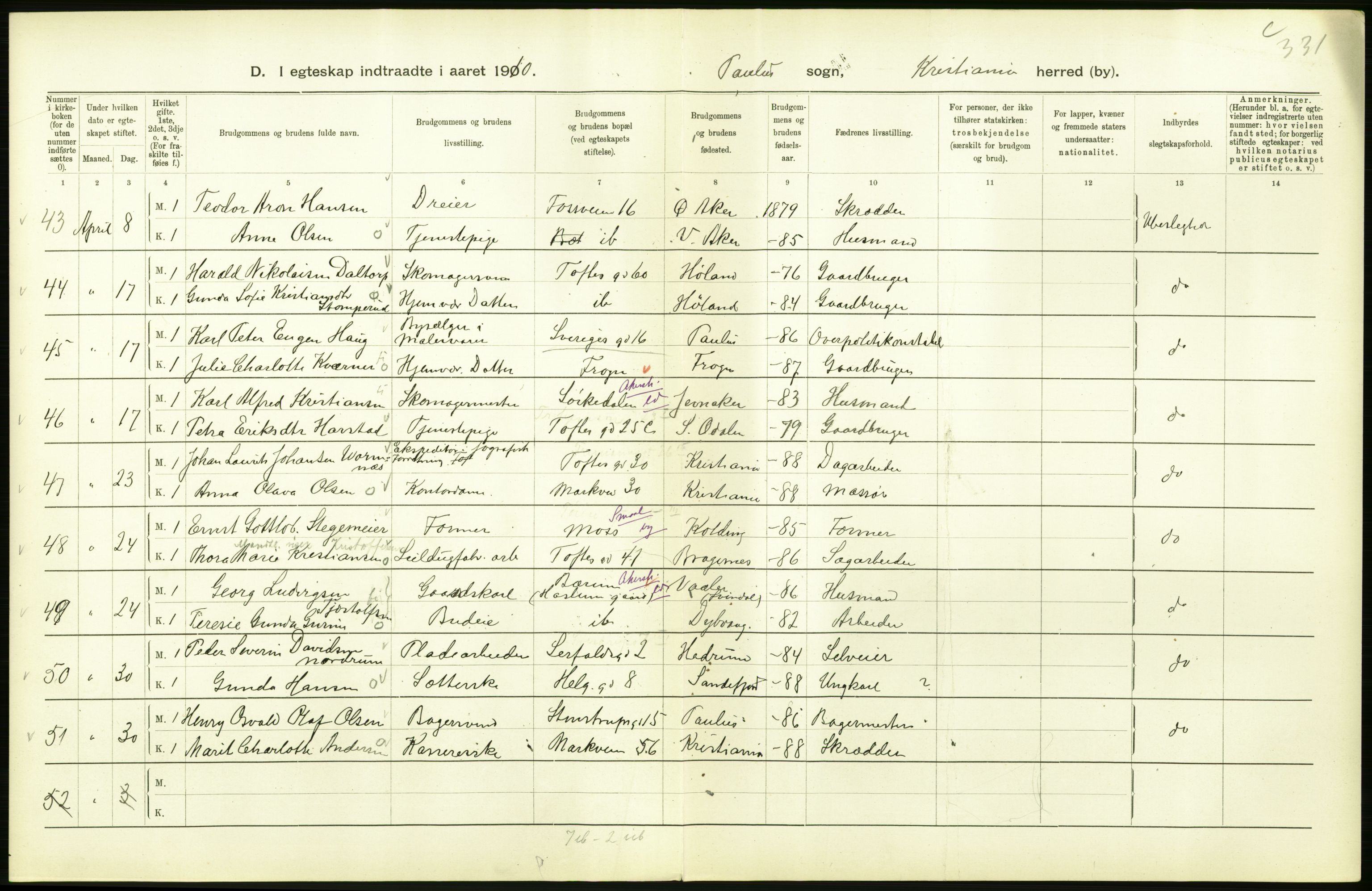 Statistisk sentralbyrå, Sosiodemografiske emner, Befolkning, AV/RA-S-2228/D/Df/Dfa/Dfah/L0009: Kristiania: Gifte og dødfødte., 1910, p. 68