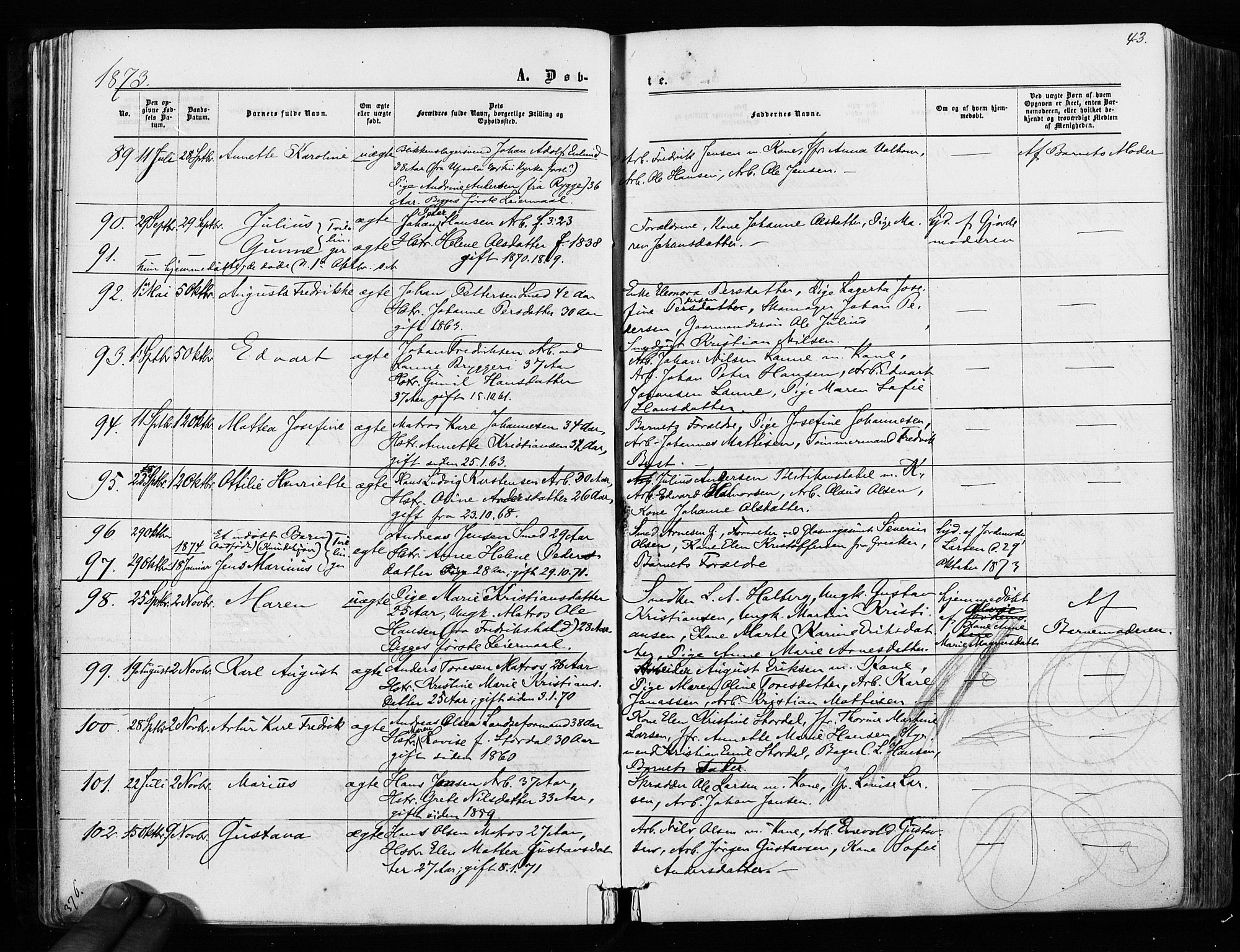 Sarpsborg prestekontor Kirkebøker, AV/SAO-A-2006/F/Fa/L0002: Parish register (official) no. 2, 1869-1877, p. 43