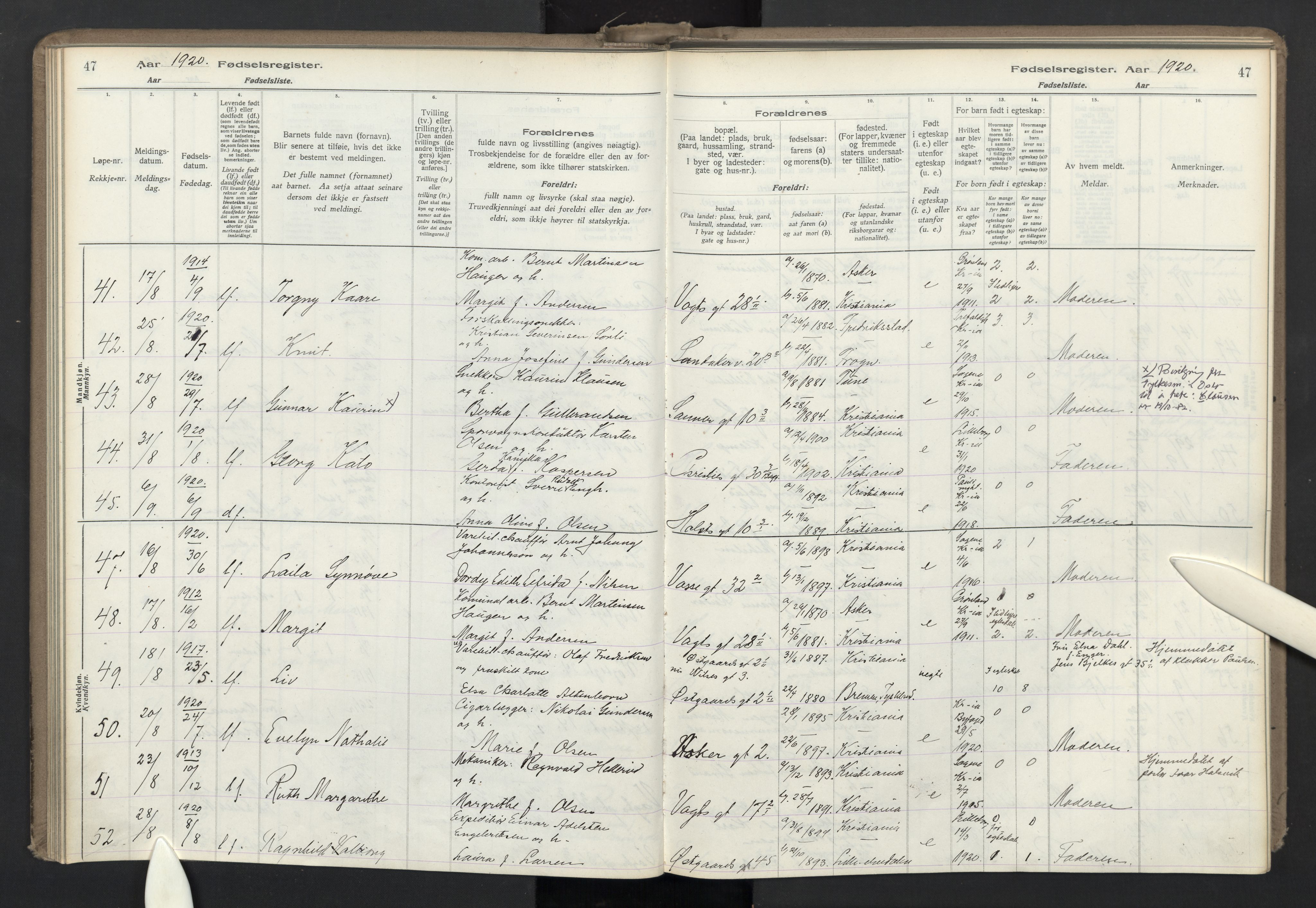 Lilleborg prestekontor Kirkebøker, AV/SAO-A-10343a/J/L0001: Birth register no. 1, 1917-1944, p. 47