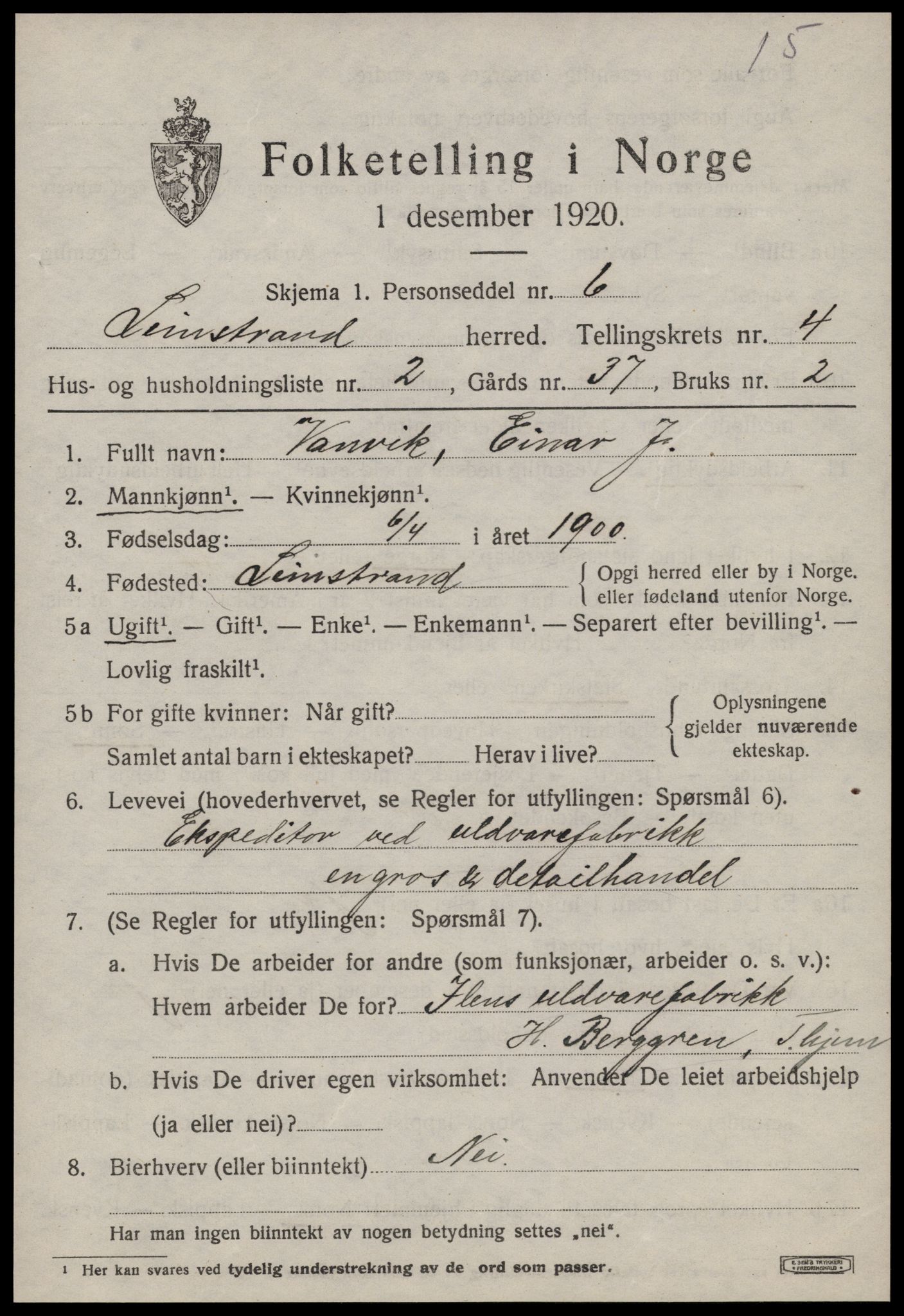 SAT, 1920 census for Leinstrand, 1920, p. 3827