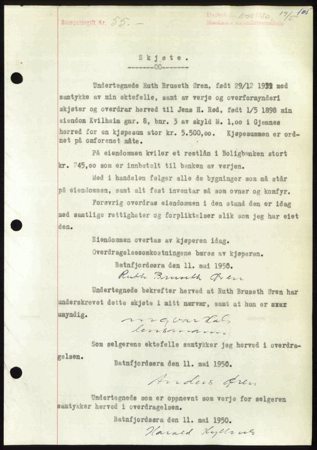 Nordmøre sorenskriveri, AV/SAT-A-4132/1/2/2Ca: Mortgage book no. A115, 1950-1950, Diary no: : 1525/1950