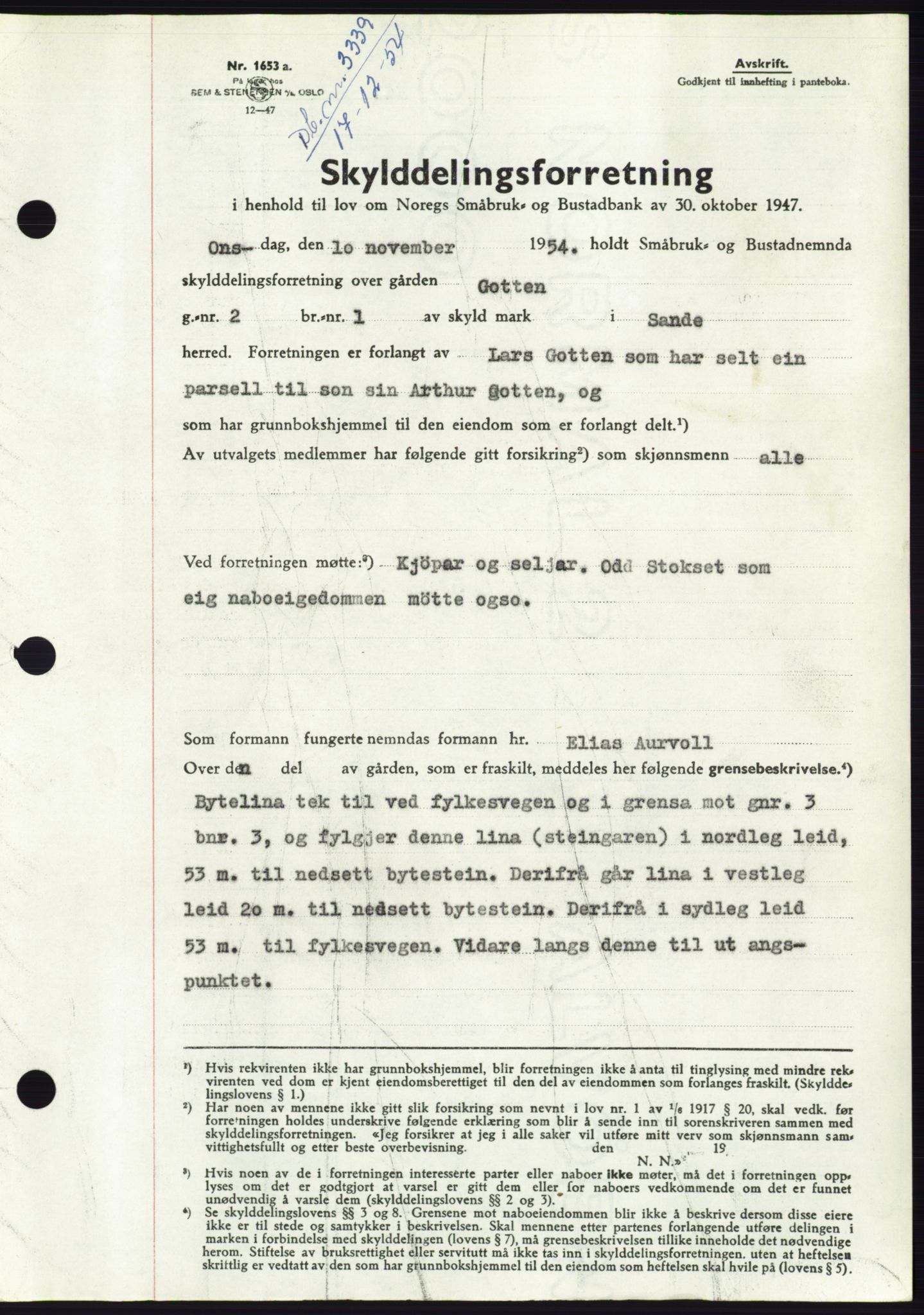 Søre Sunnmøre sorenskriveri, AV/SAT-A-4122/1/2/2C/L0099: Mortgage book no. 25A, 1954-1954, Diary no: : 3339/1954