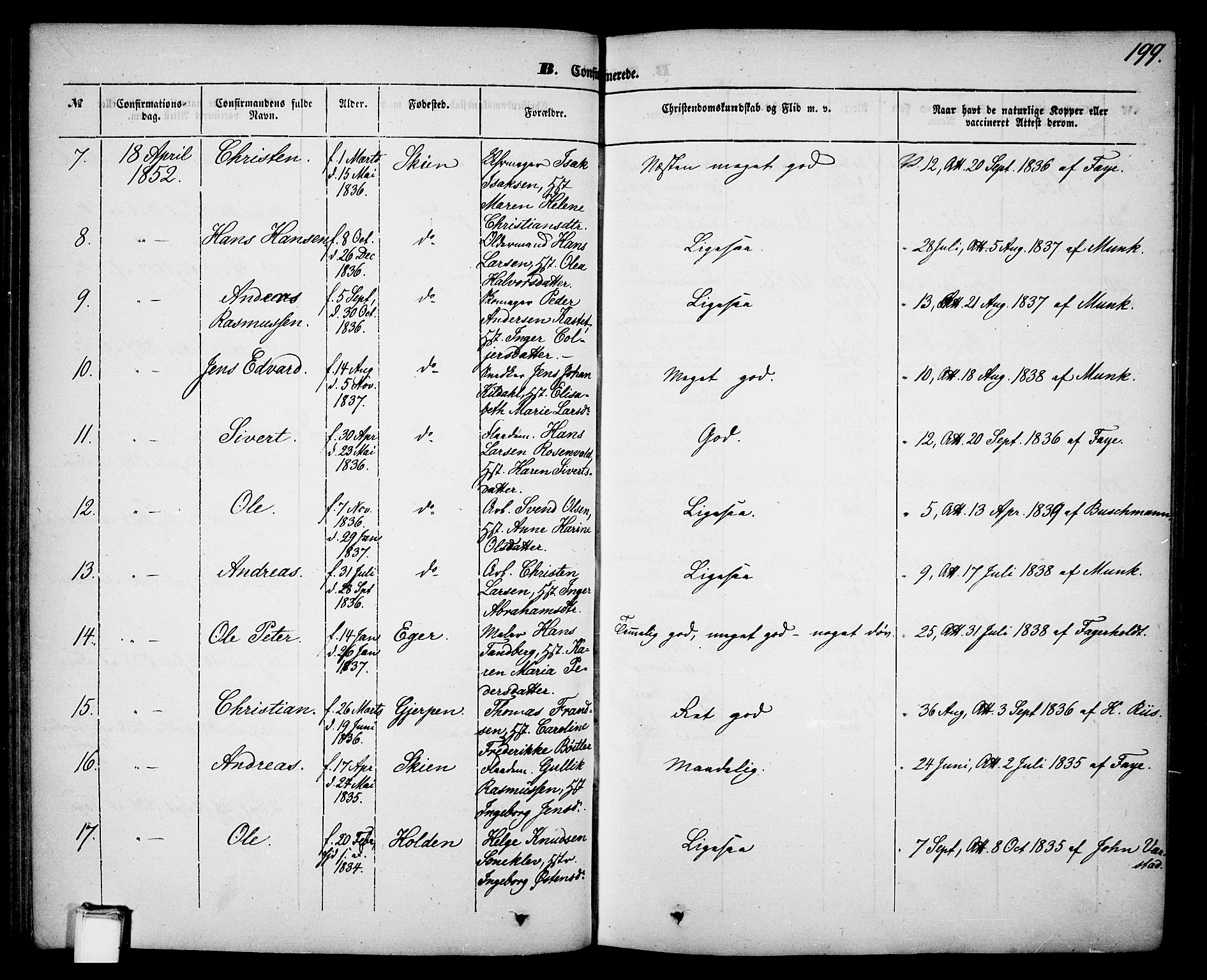 Skien kirkebøker, AV/SAKO-A-302/G/Ga/L0004: Parish register (copy) no. 4, 1843-1867, p. 199