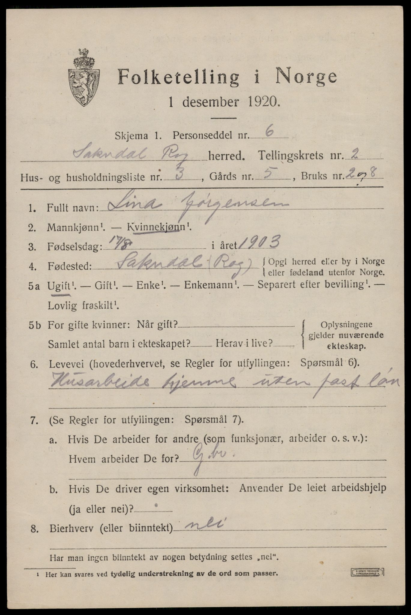 SAST, 1920 census for Sokndal, 1920, p. 1725