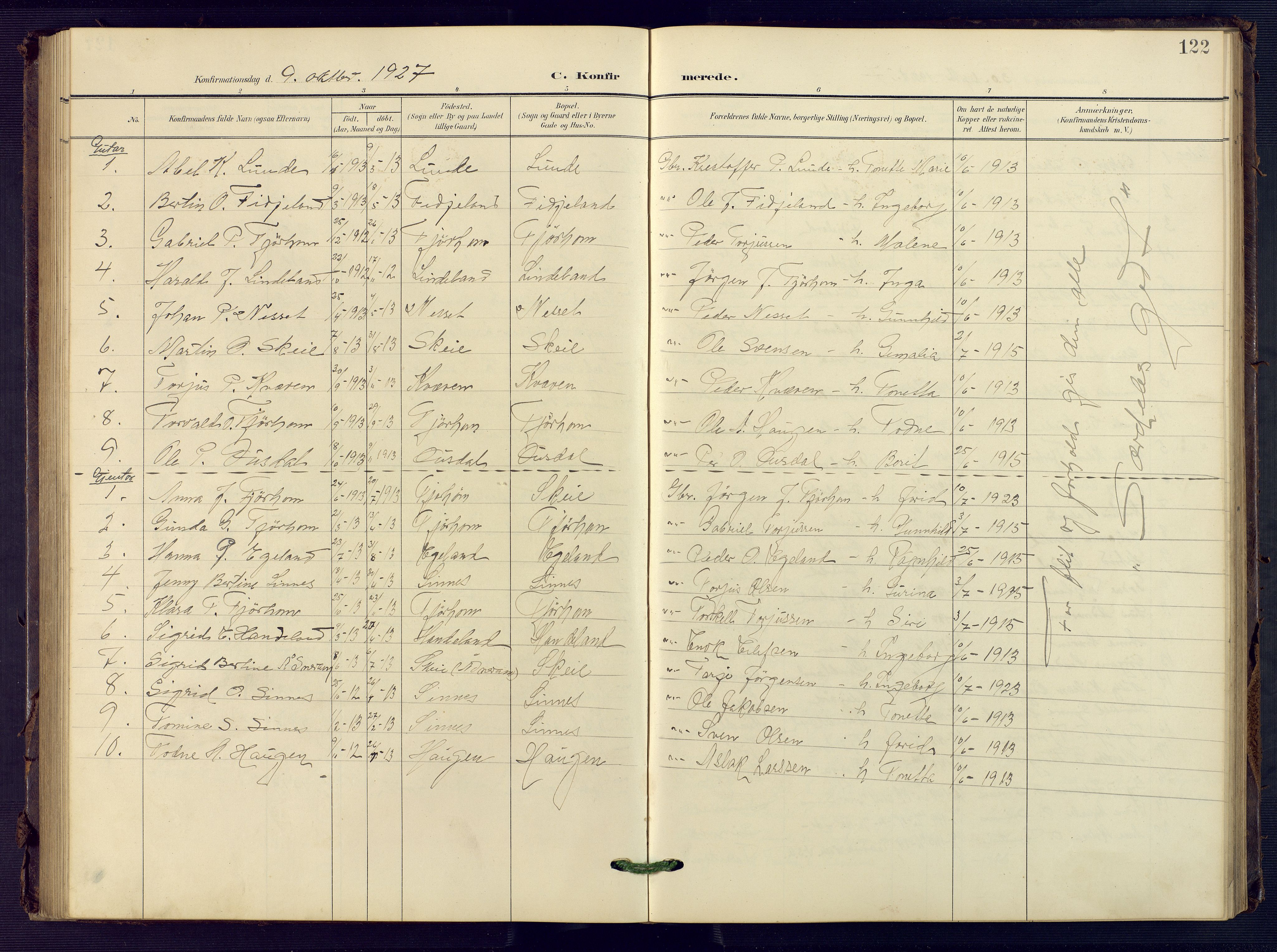 Sirdal sokneprestkontor, AV/SAK-1111-0036/F/Fb/Fba/L0002: Parish register (copy) no. B 2, 1905-1958, p. 122