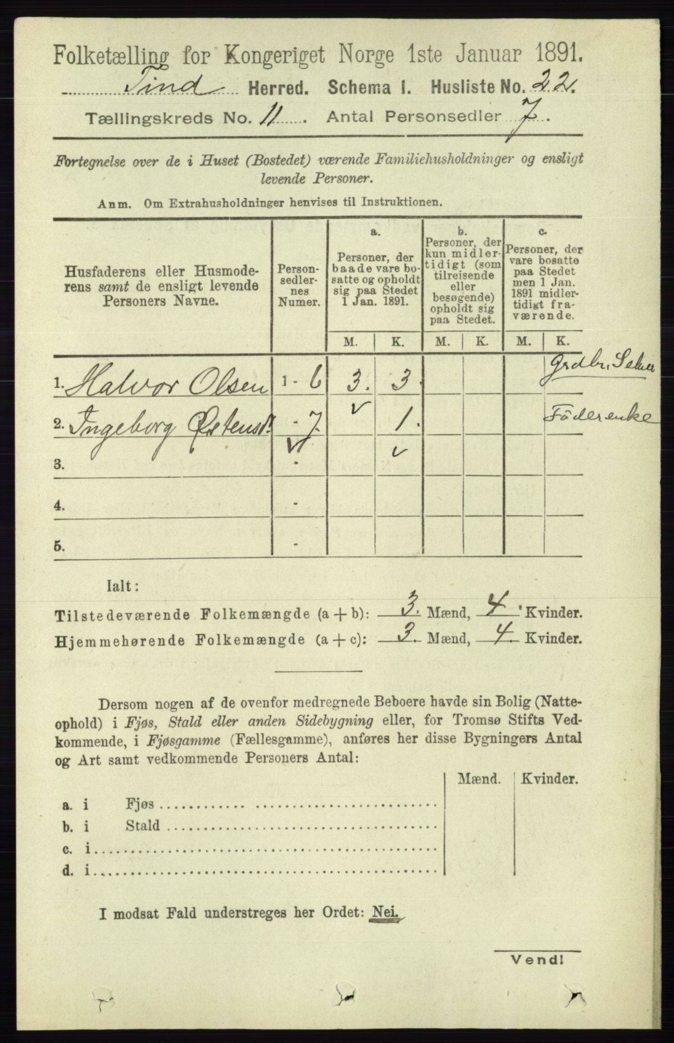 RA, 1891 census for 0826 Tinn, 1891, p. 2114