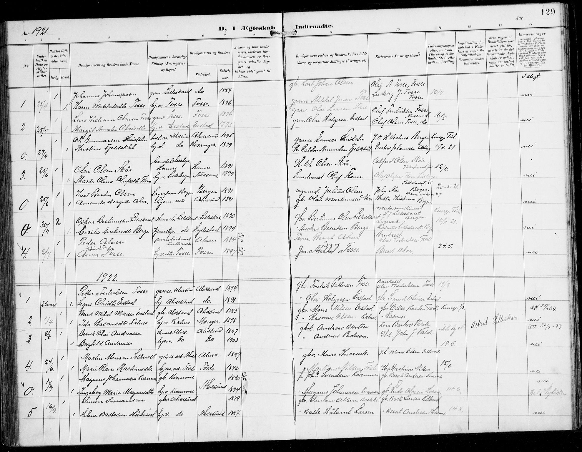 Alversund Sokneprestembete, SAB/A-73901/H/Ha/Haa/Haaa/L0003: Parish register (official) no. A 3, 1897-1926, p. 129