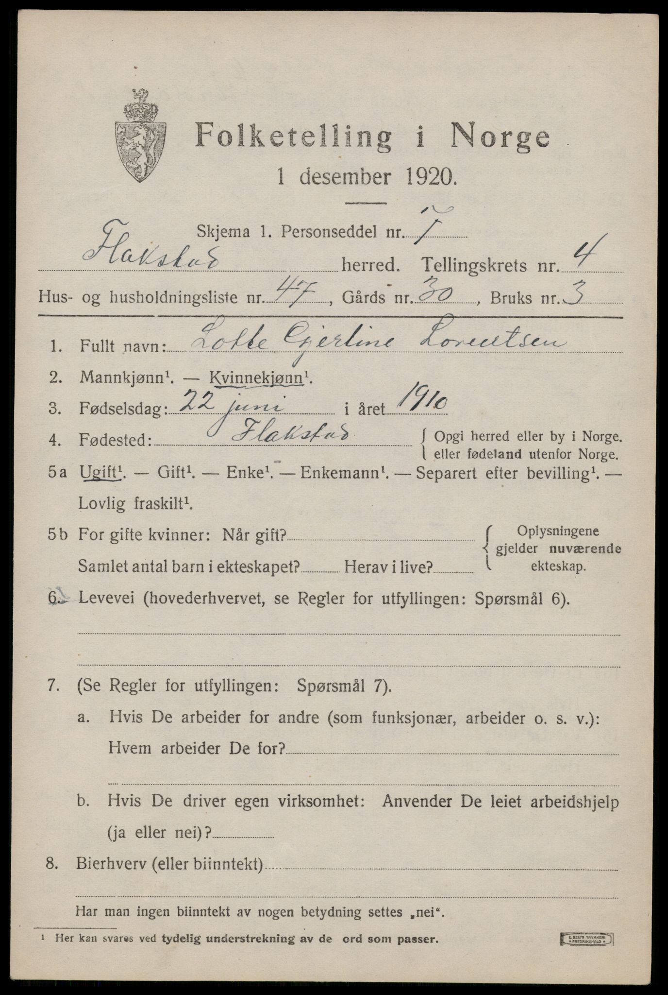 SAT, 1920 census for Flakstad, 1920, p. 3473