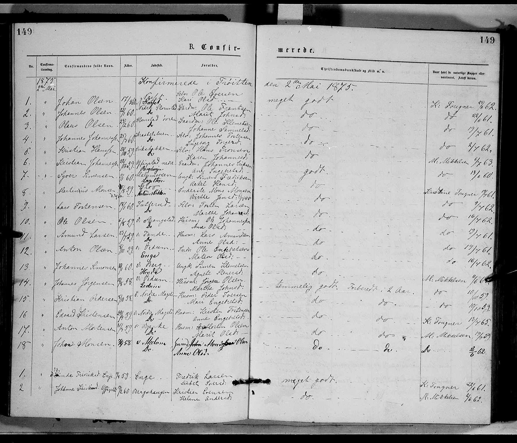 Øyer prestekontor, AV/SAH-PREST-084/H/Ha/Haa/L0007: Parish register (official) no. 7, 1875-1878, p. 149
