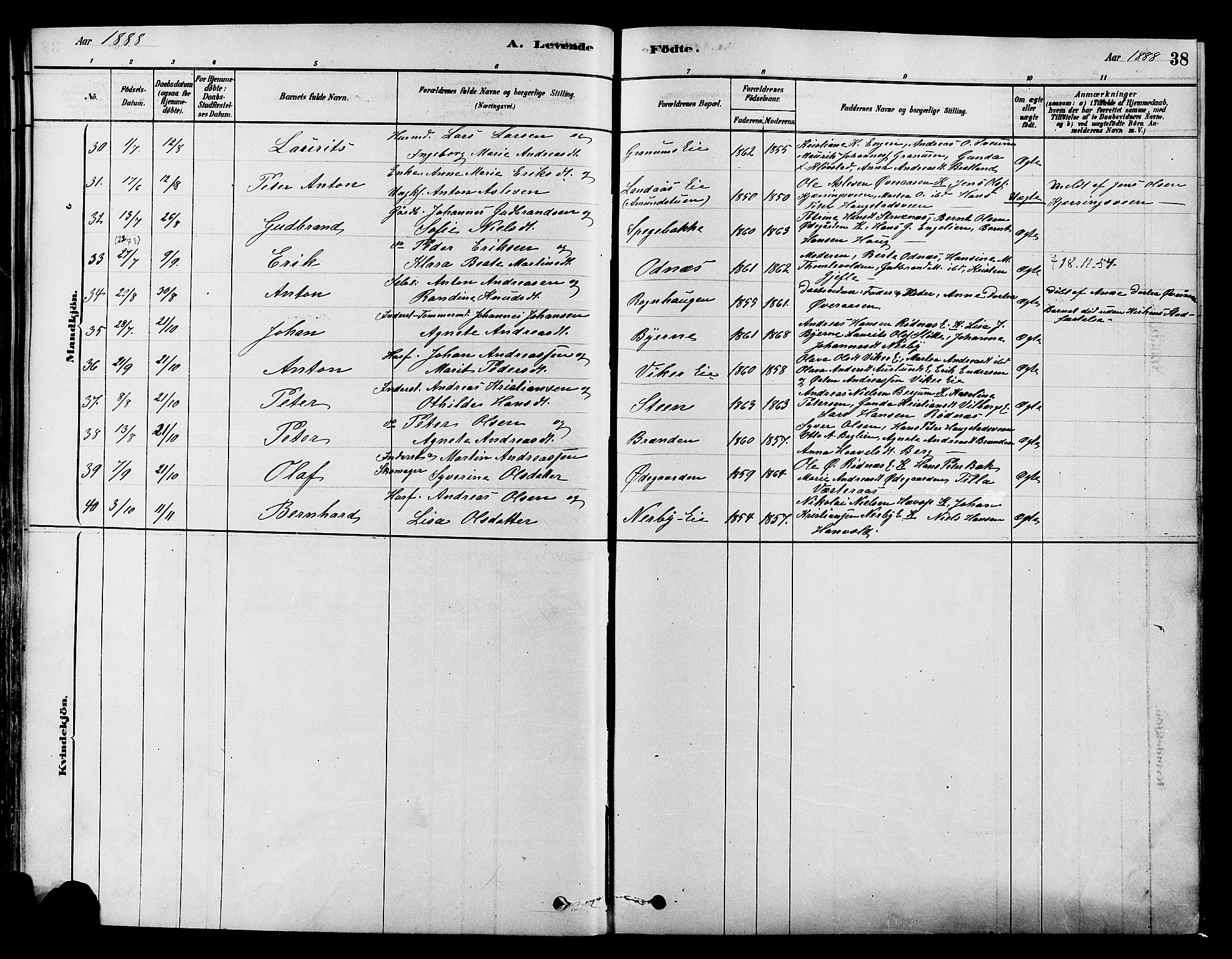 Søndre Land prestekontor, AV/SAH-PREST-122/K/L0002: Parish register (official) no. 2, 1878-1894, p. 38