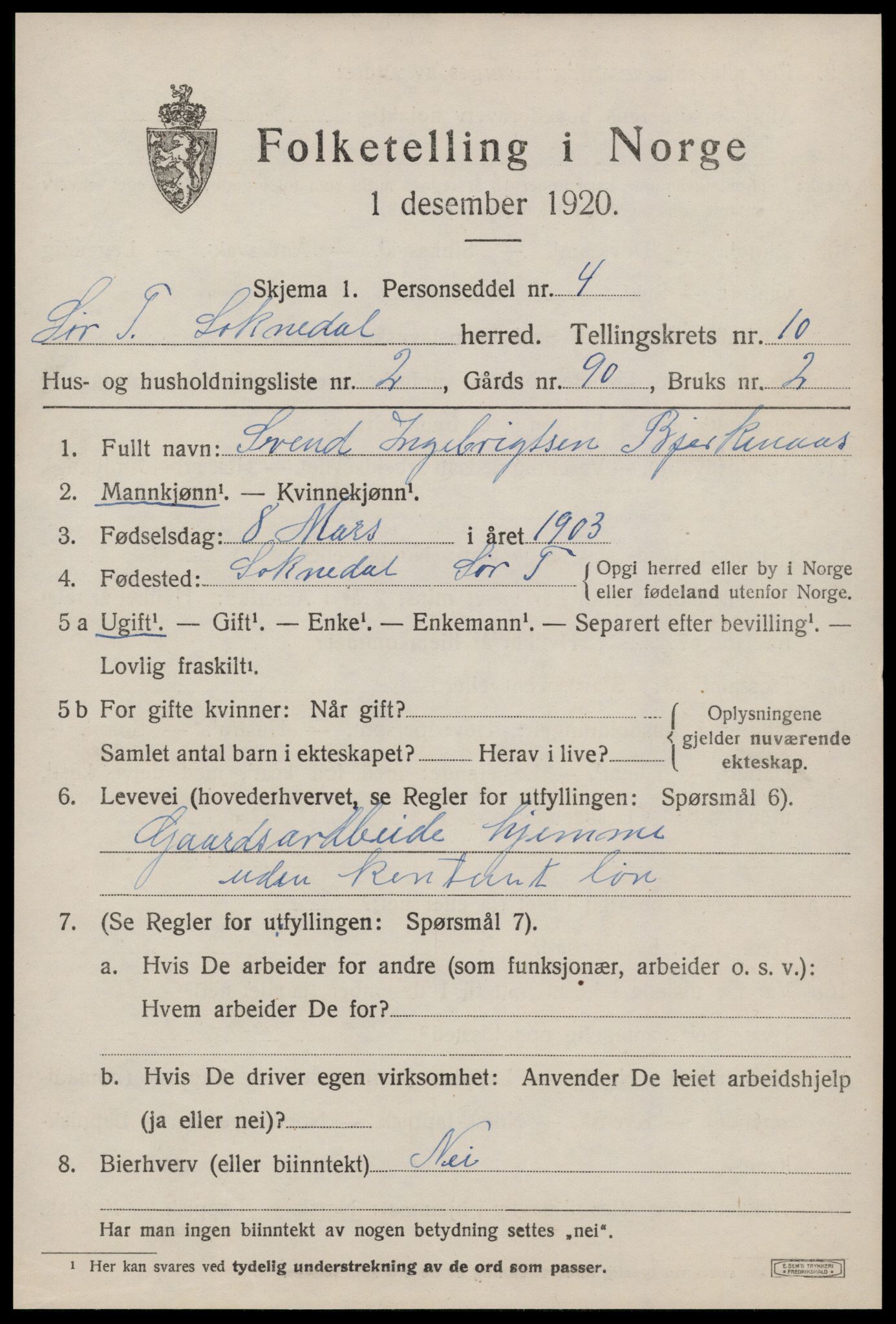 SAT, 1920 census for Soknedal, 1920, p. 4600