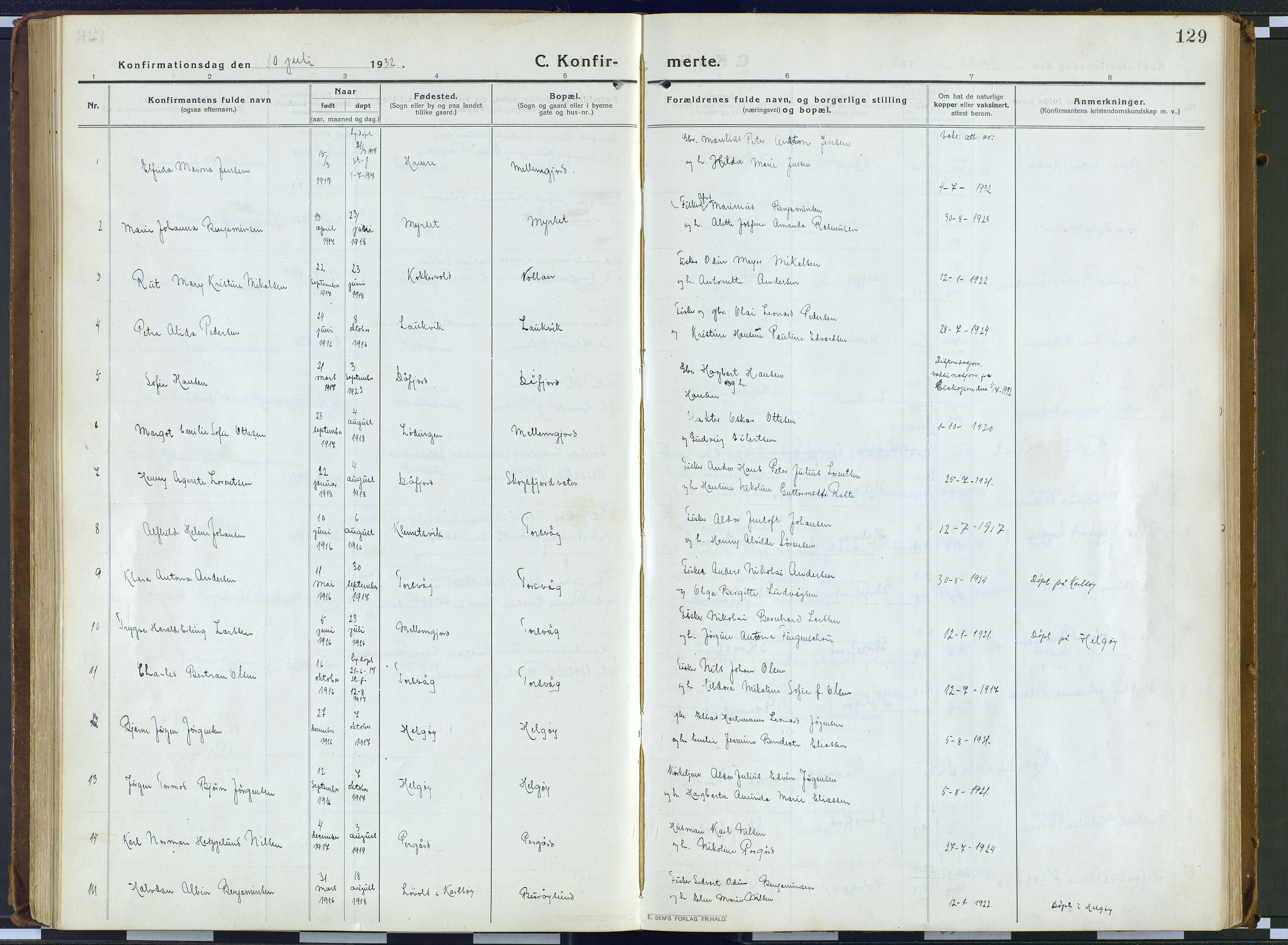 Karlsøy sokneprestembete, AV/SATØ-S-1299/H/Ha/Haa/L0016kirke: Parish register (official) no. 16, 1916-1934, p. 129