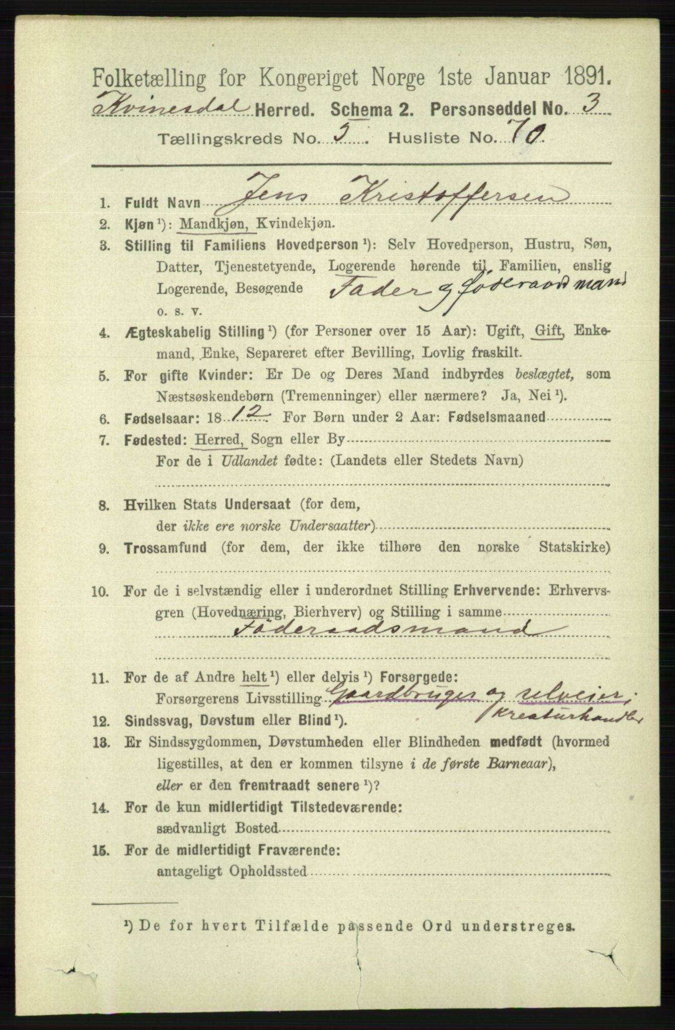 RA, 1891 census for 1037 Kvinesdal, 1891, p. 2044