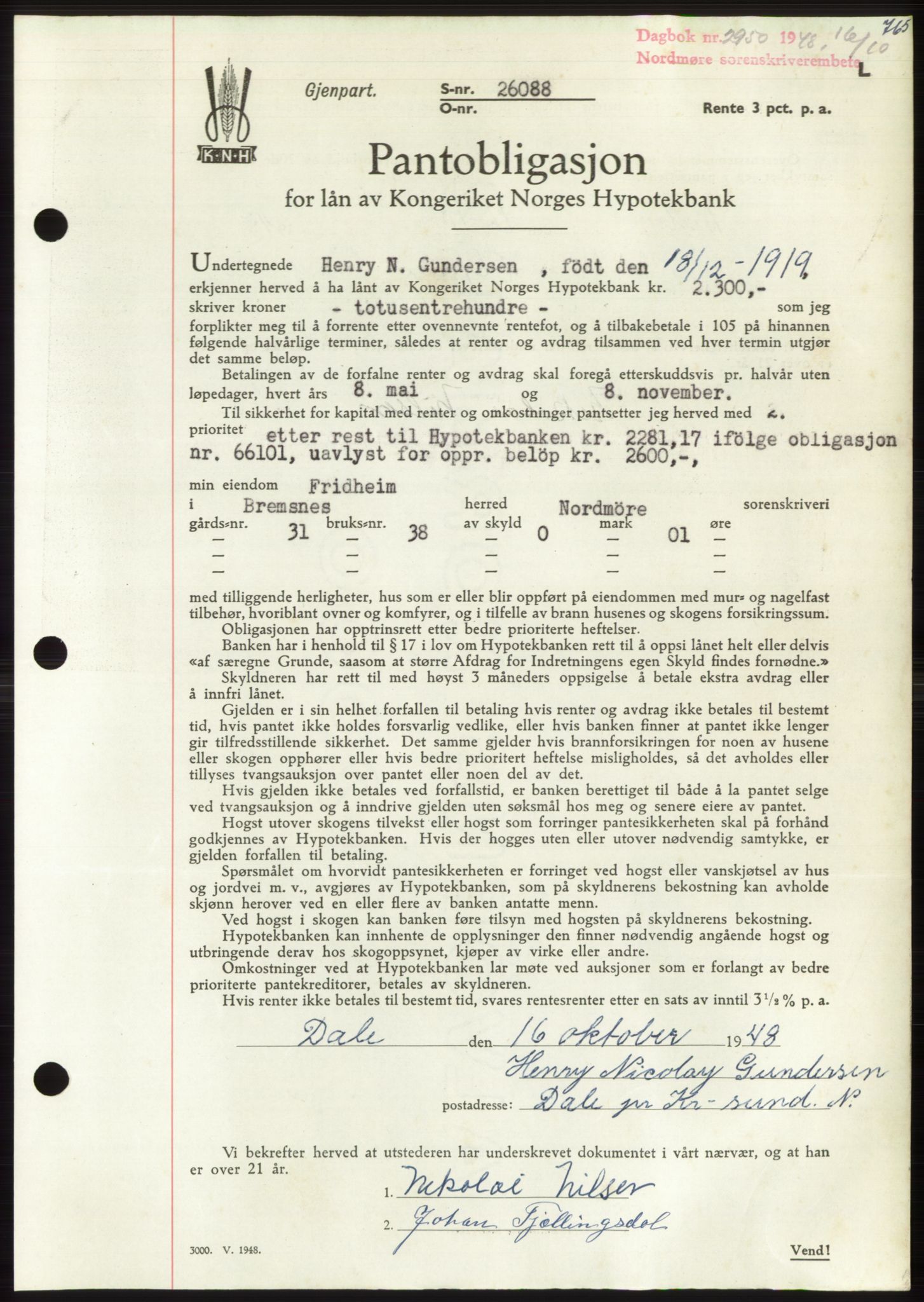 Nordmøre sorenskriveri, AV/SAT-A-4132/1/2/2Ca: Mortgage book no. B99, 1948-1948, Diary no: : 2950/1948