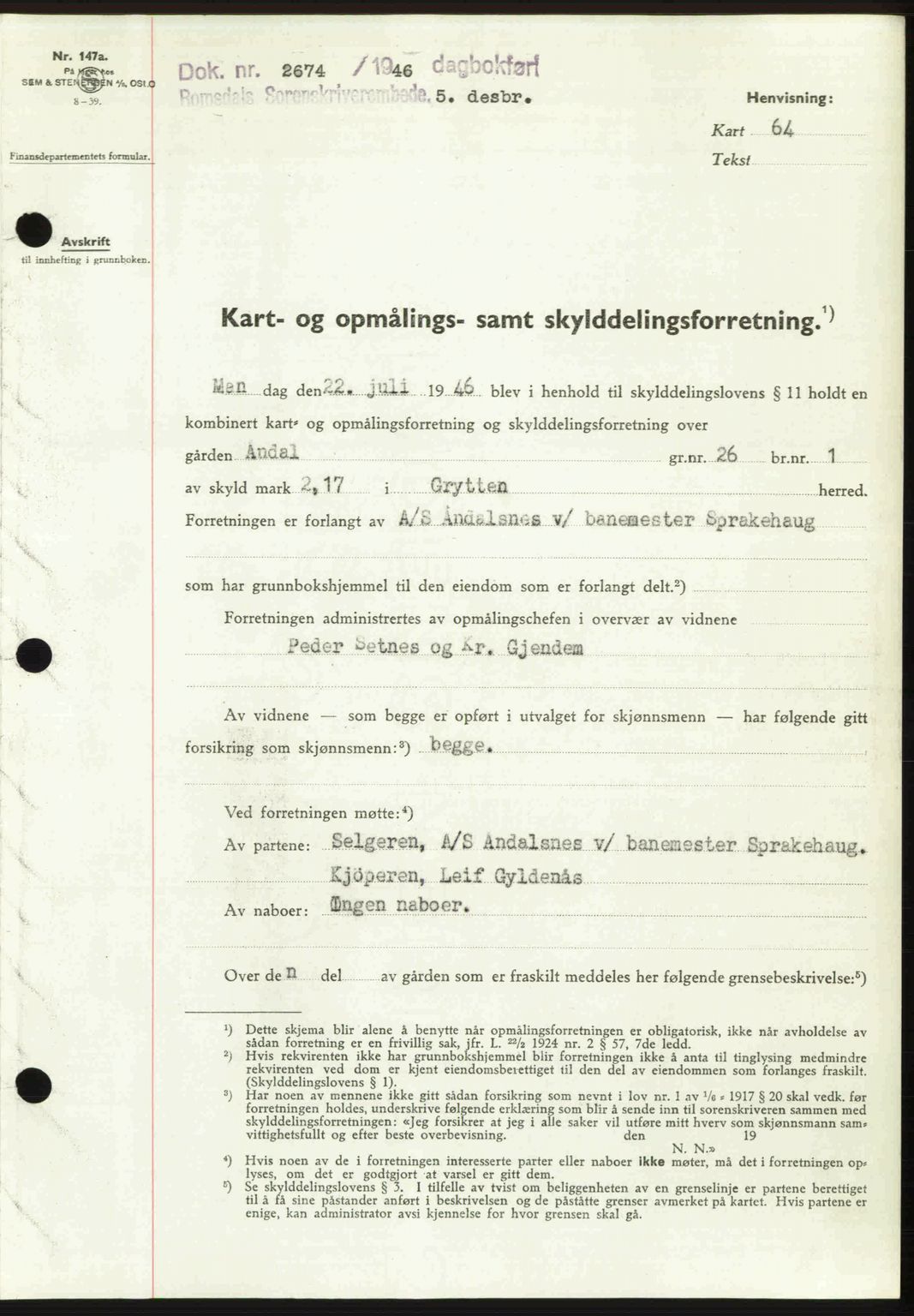 Romsdal sorenskriveri, AV/SAT-A-4149/1/2/2C: Mortgage book no. A21, 1946-1946, Diary no: : 2674/1946