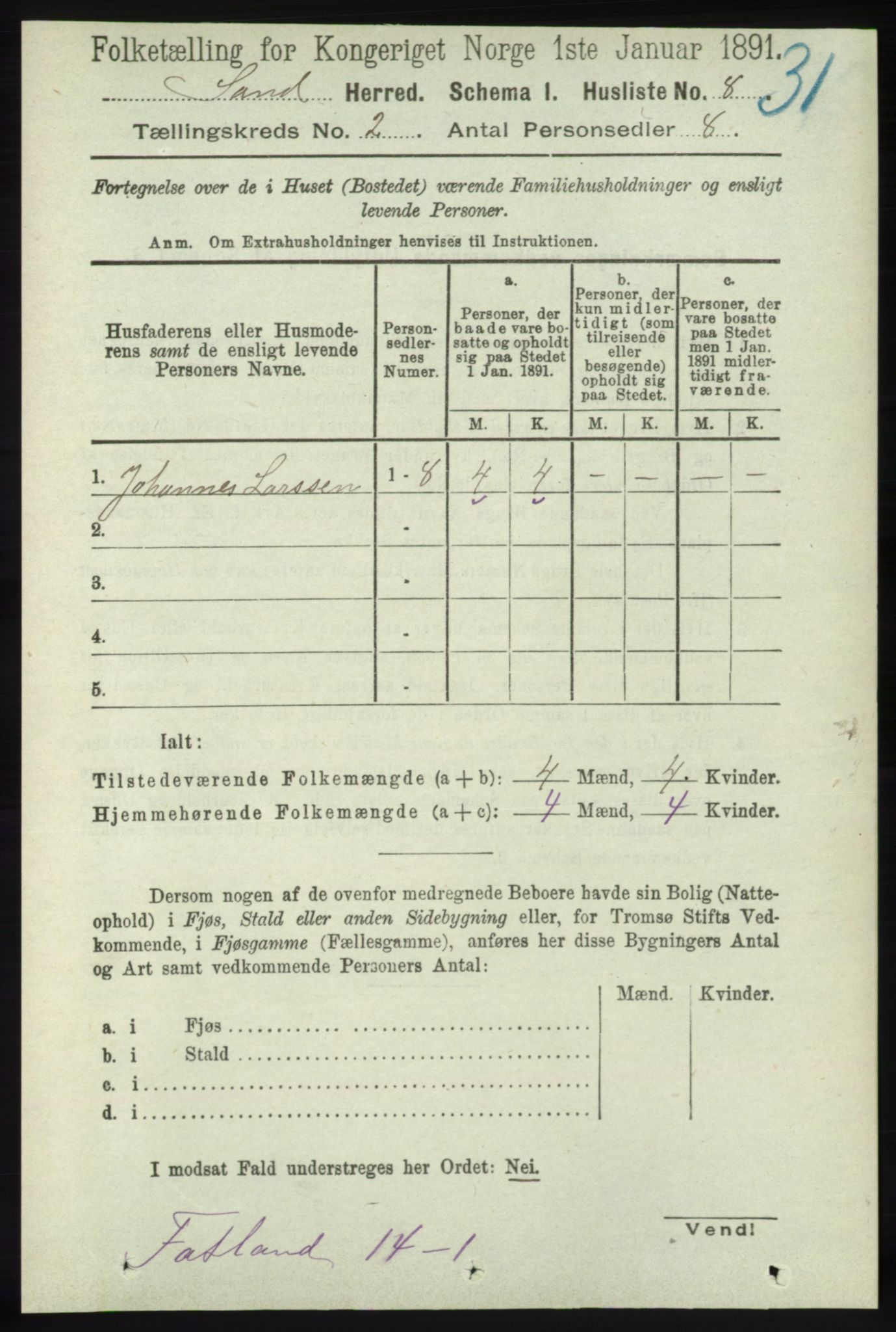 RA, 1891 census for 1136 Sand, 1891, p. 291