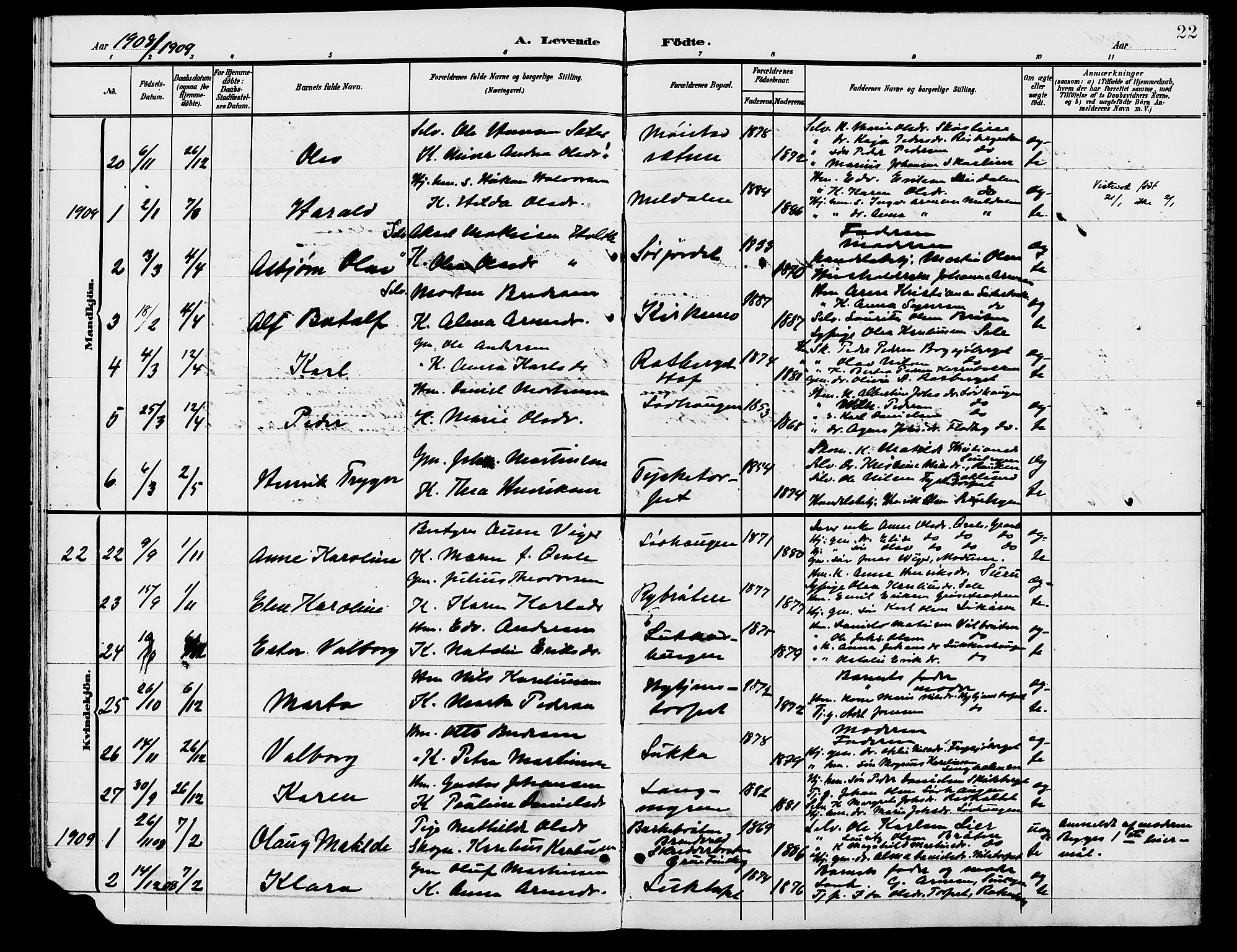 Grue prestekontor, AV/SAH-PREST-036/H/Ha/Hab/L0006: Parish register (copy) no. 6, 1902-1910, p. 22