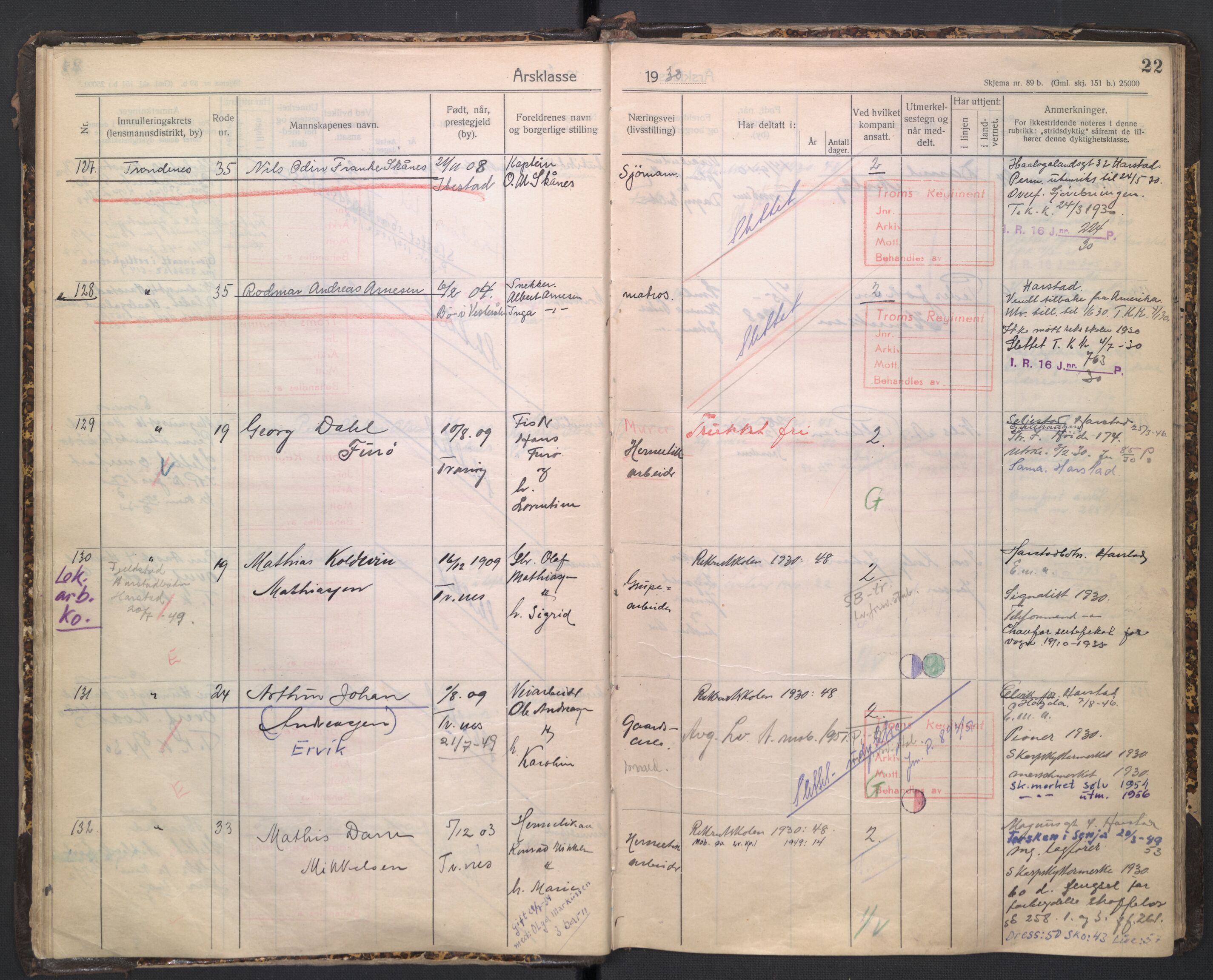 Forsvaret, Troms infanteriregiment nr. 16, AV/RA-RAFA-3146/P/Pa/L0005/0003: Ruller / Rulle for regimentets stridende menige mannskaper, årsklasse 1930, 1930, p. 22