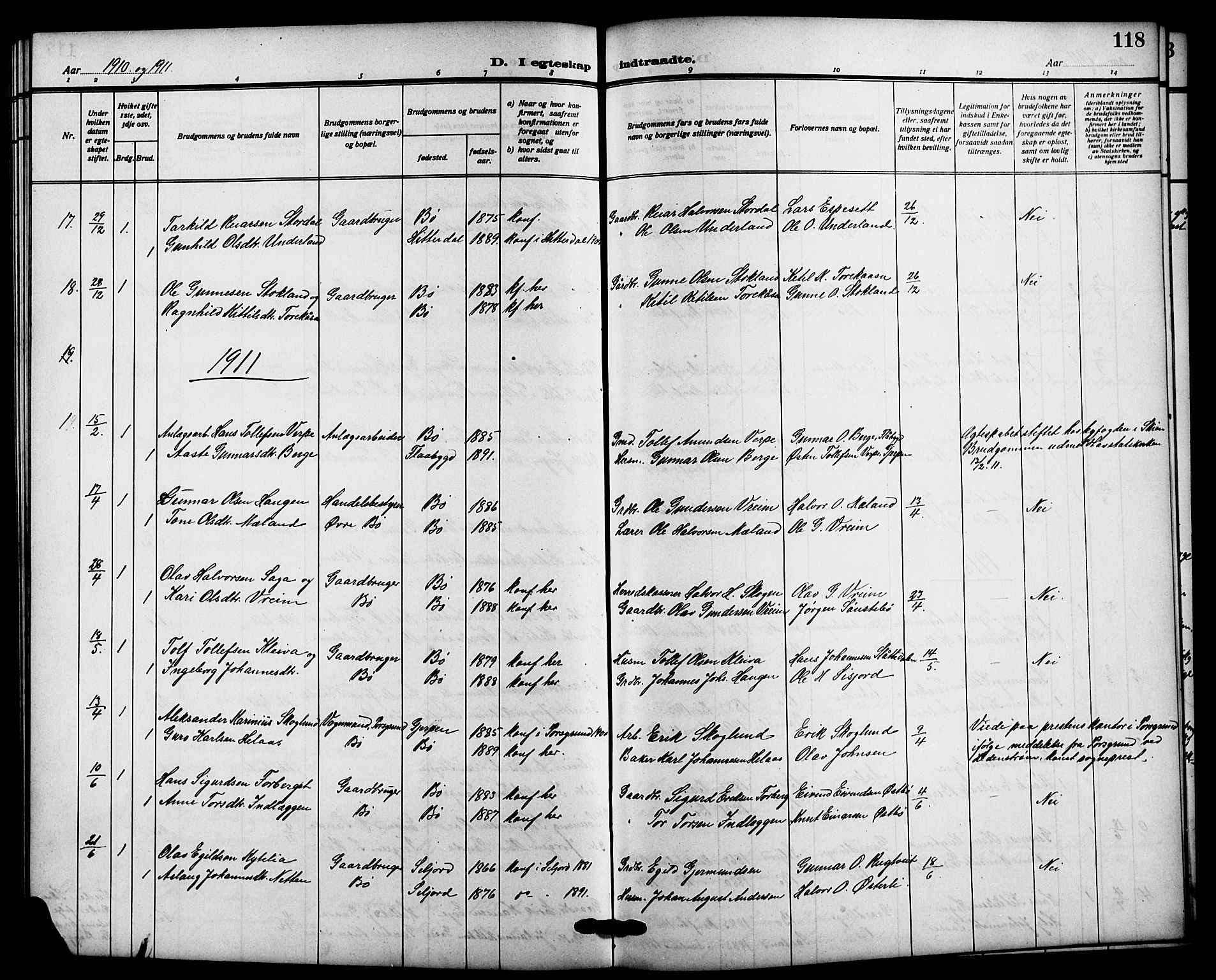 Bø kirkebøker, SAKO/A-257/G/Ga/L0007: Parish register (copy) no. 7, 1909-1924, p. 118