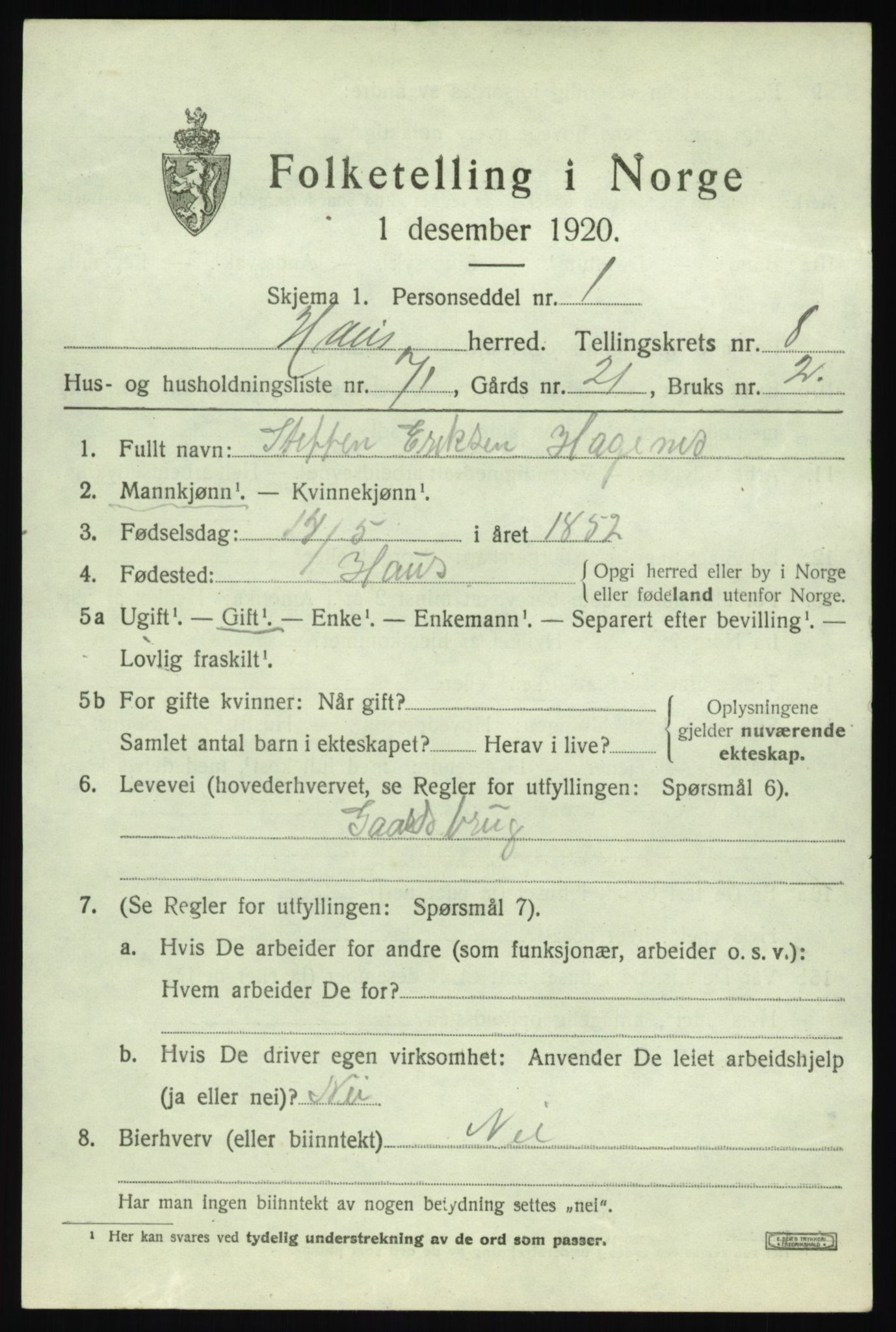 SAB, 1920 census for Haus, 1920, p. 5455