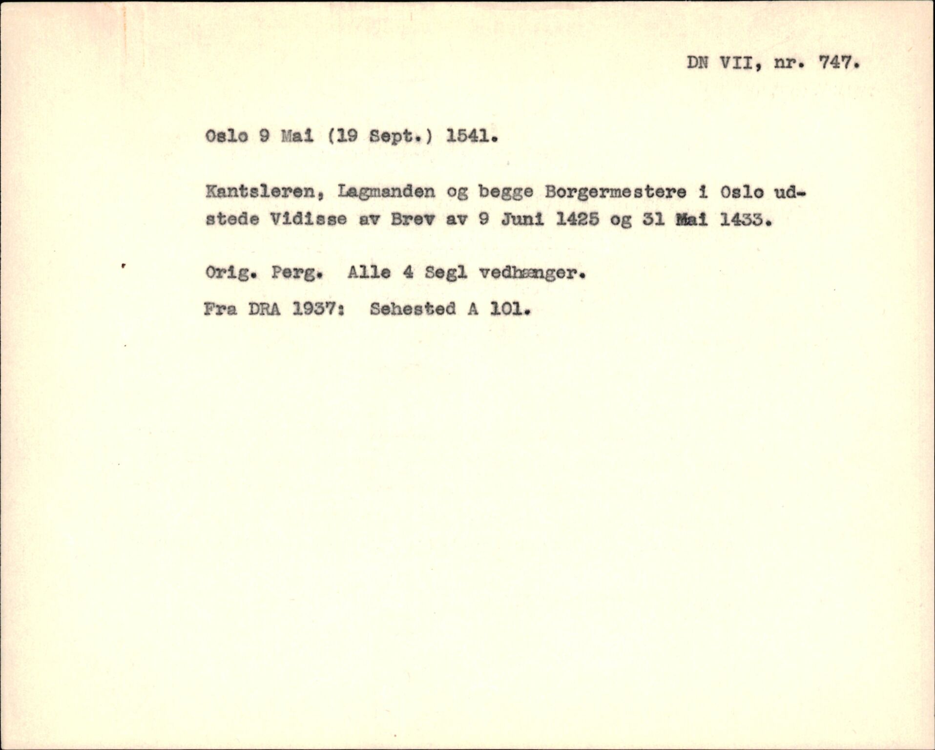 Riksarkivets diplomsamling, AV/RA-EA-5965/F35/F35f/L0001: Regestsedler: Diplomer fra DRA 1937 og 1996, p. 431