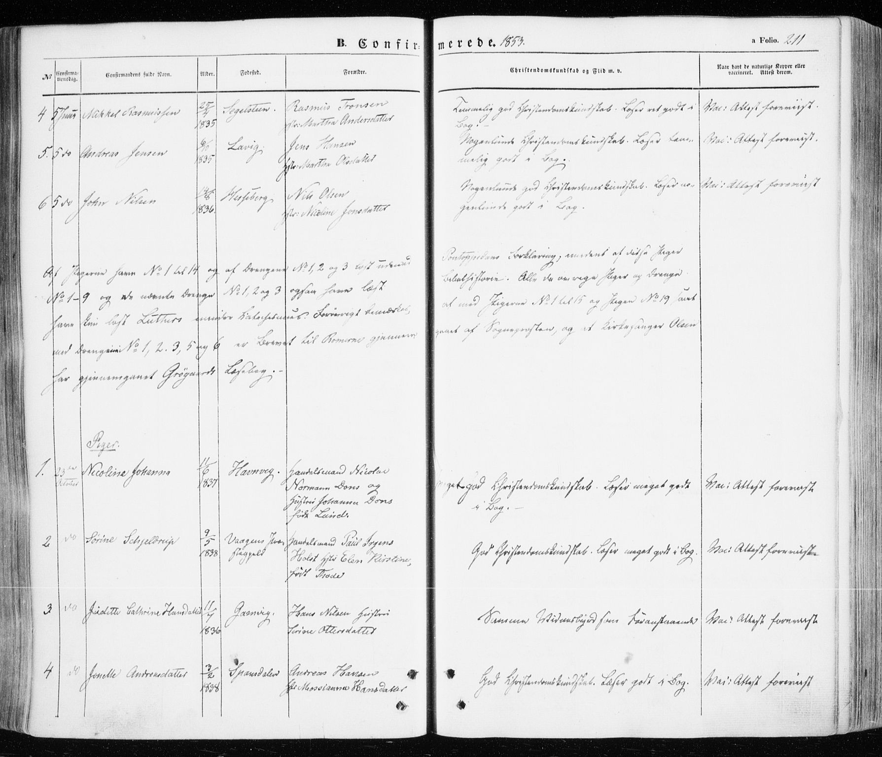 Ibestad sokneprestembete, SATØ/S-0077/H/Ha/Haa/L0008kirke: Parish register (official) no. 8, 1850-1859, p. 211