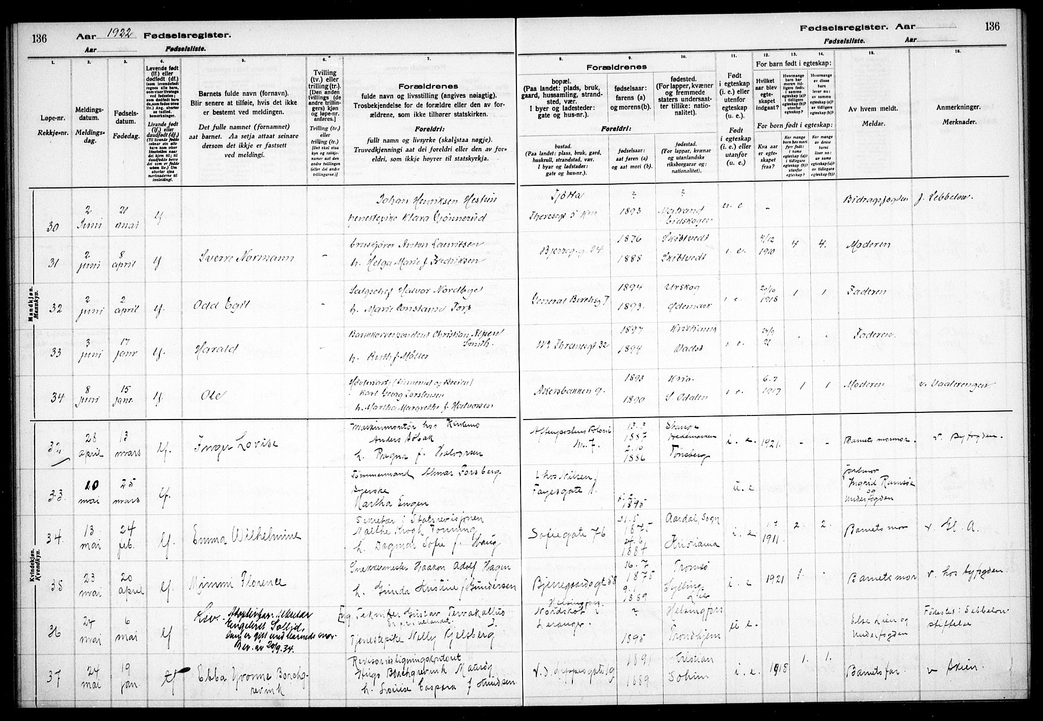 Gamle Aker prestekontor Kirkebøker, AV/SAO-A-10617a/J/L0001: Birth register no. 1, 1916-1927, p. 136