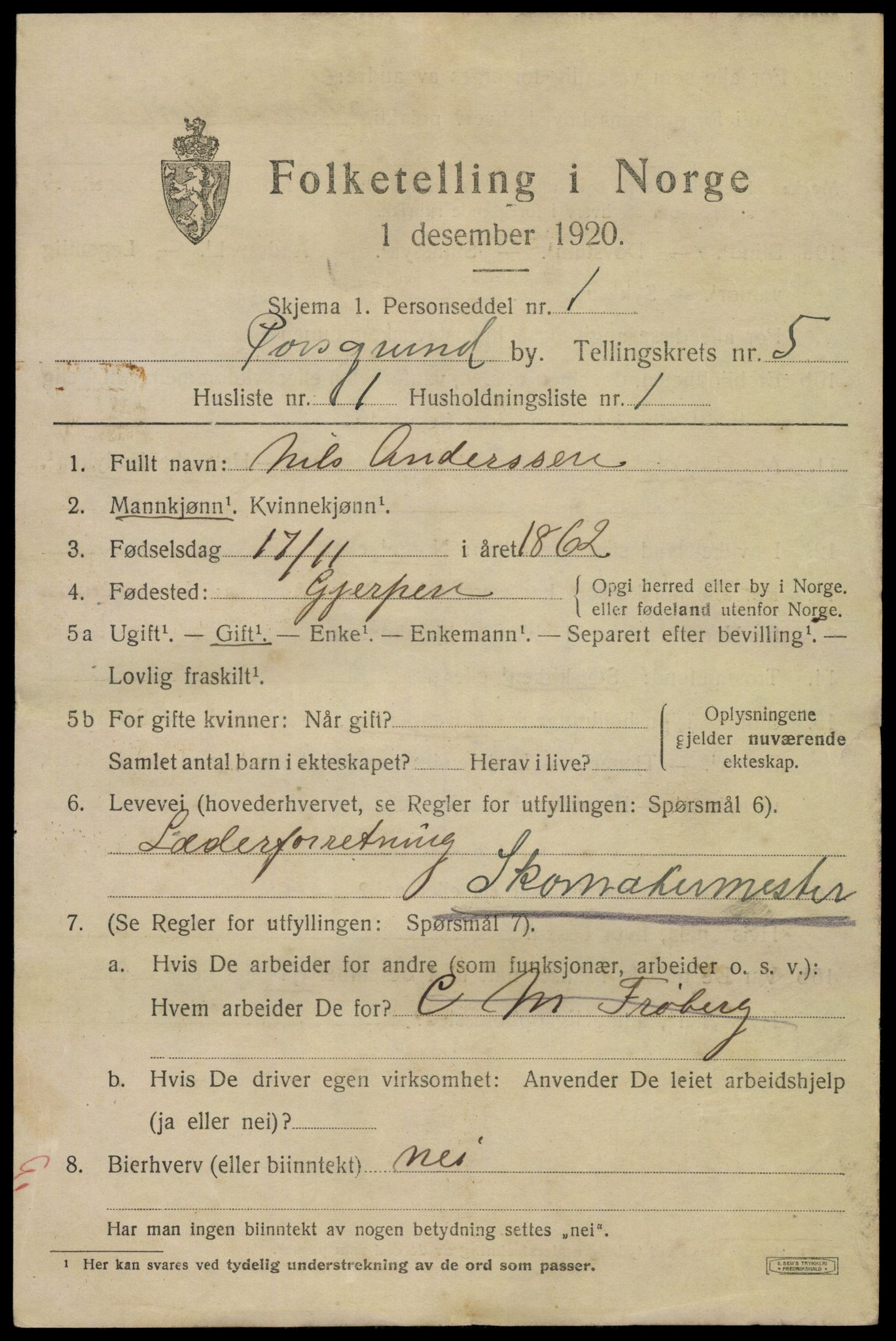 SAKO, 1920 census for Porsgrunn, 1920, p. 22341