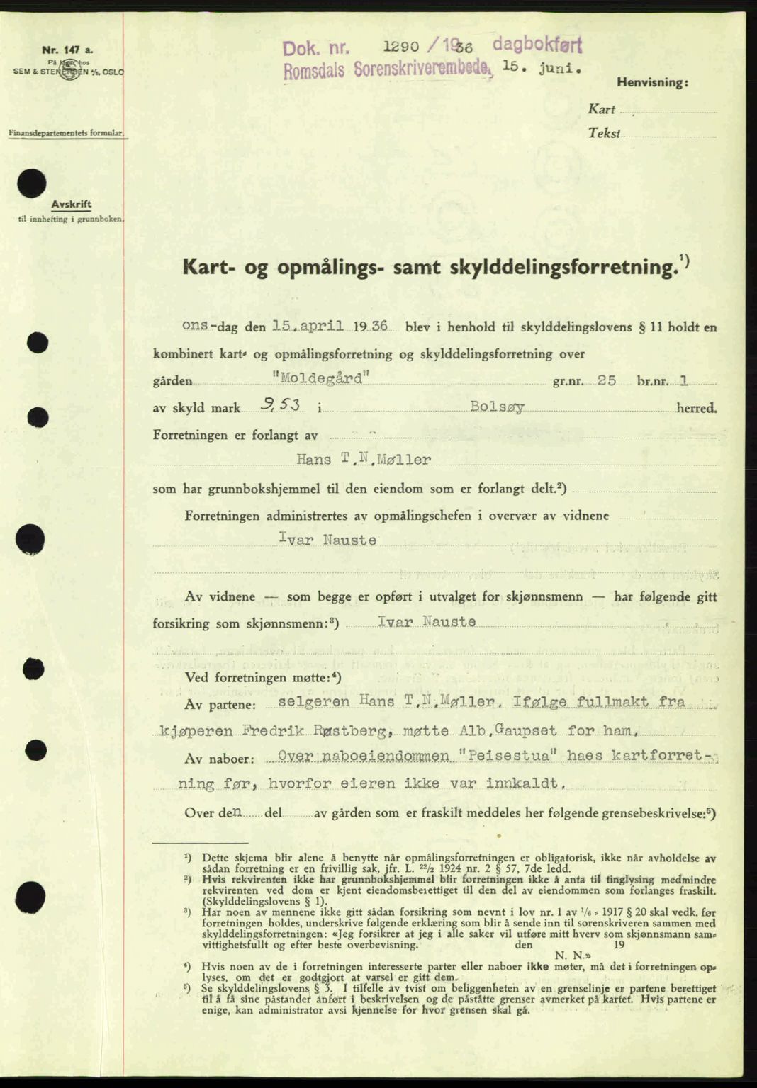 Romsdal sorenskriveri, AV/SAT-A-4149/1/2/2C: Mortgage book no. A1, 1936-1936, Diary no: : 1290/1936