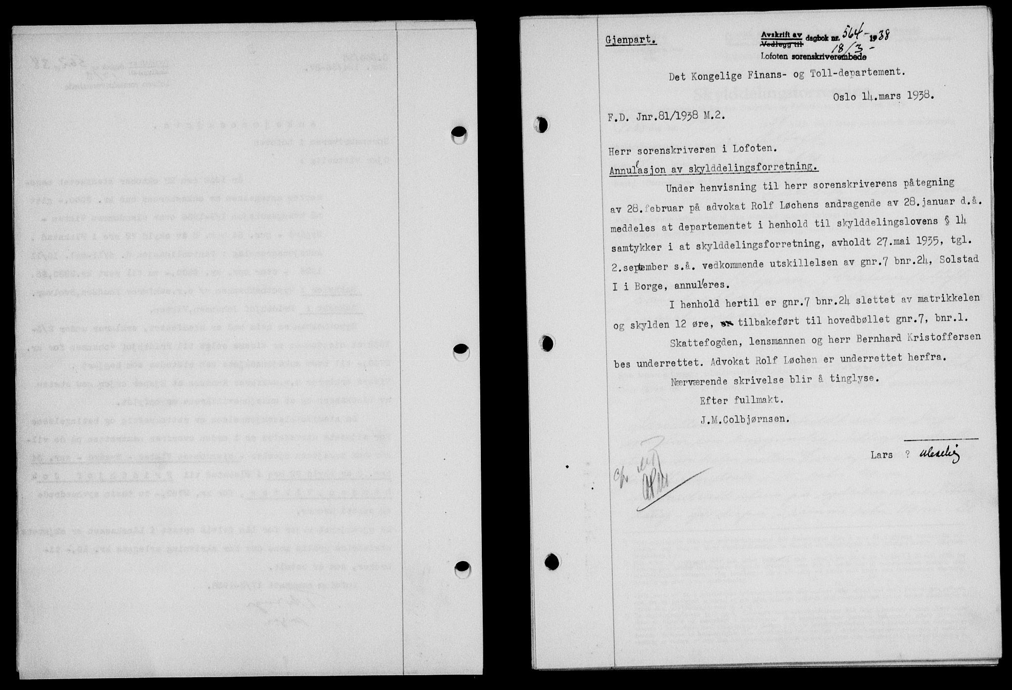 Lofoten sorenskriveri, SAT/A-0017/1/2/2C/L0003a: Mortgage book no. 3a, 1937-1938, Diary no: : 564/1938