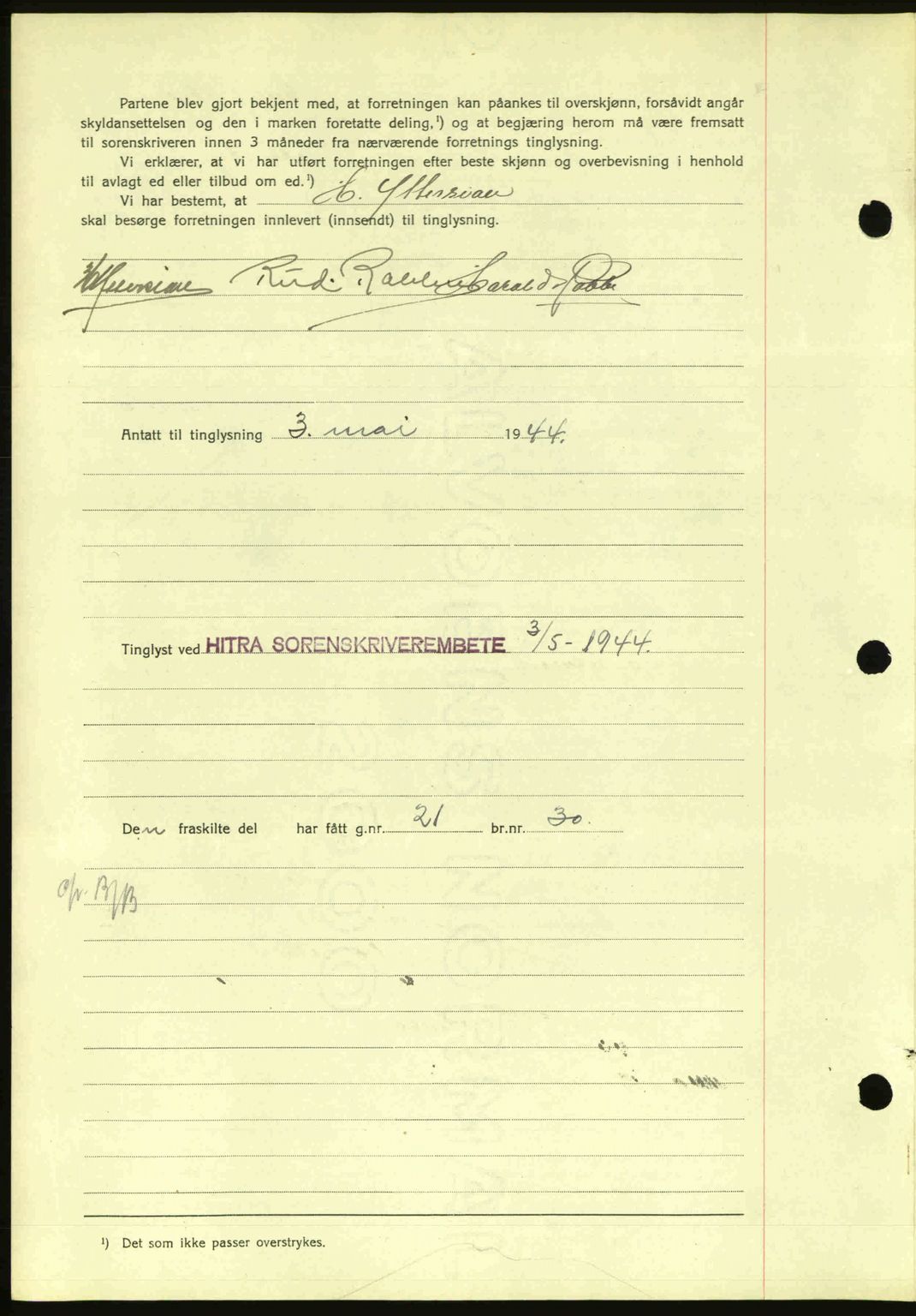 Hitra sorenskriveri, AV/SAT-A-0018/2/2C/2Ca: Mortgage book no. A2, 1943-1945, Diary no: : 318/1944