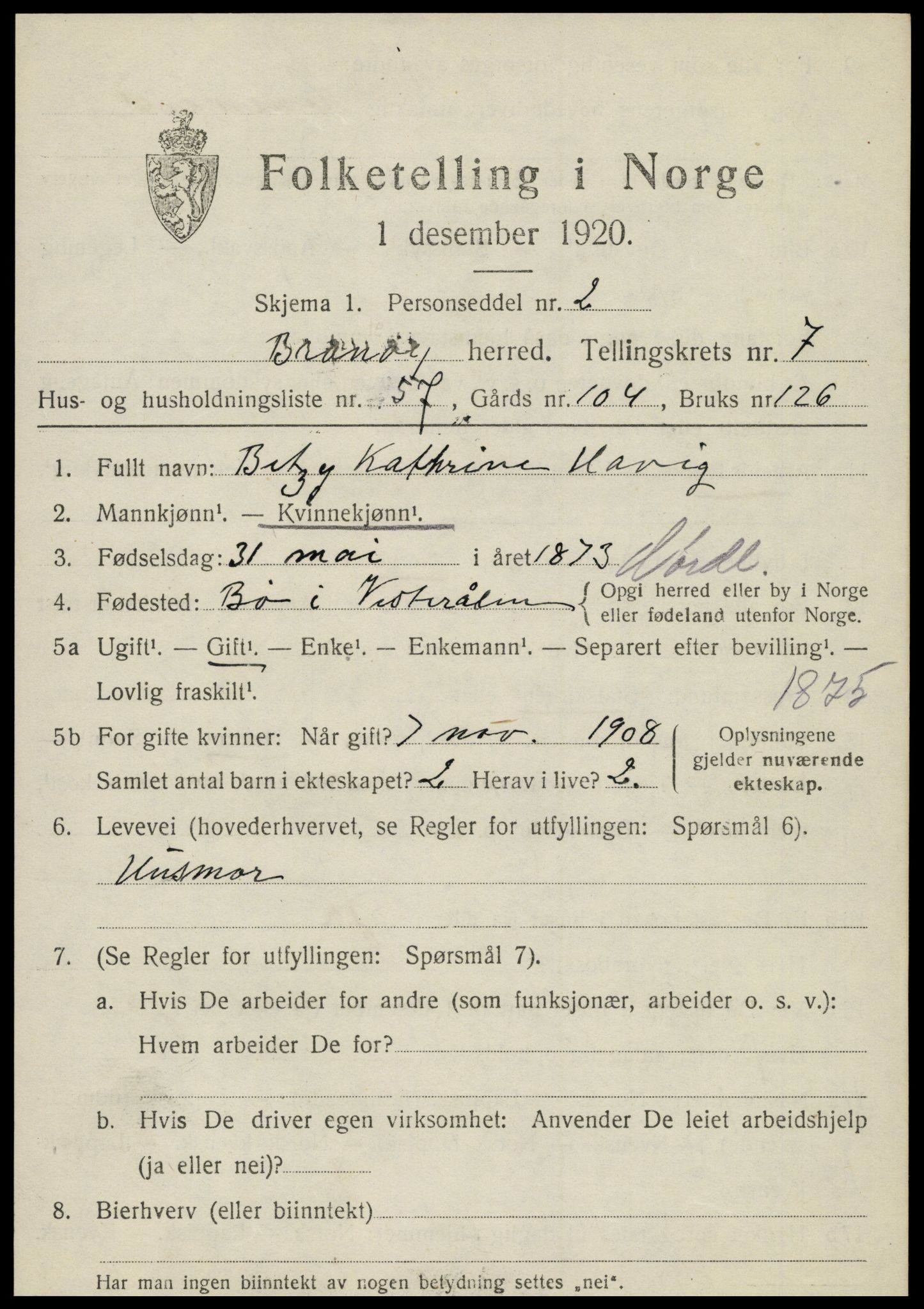 SAT, 1920 census for Brønnøy, 1920, p. 5860