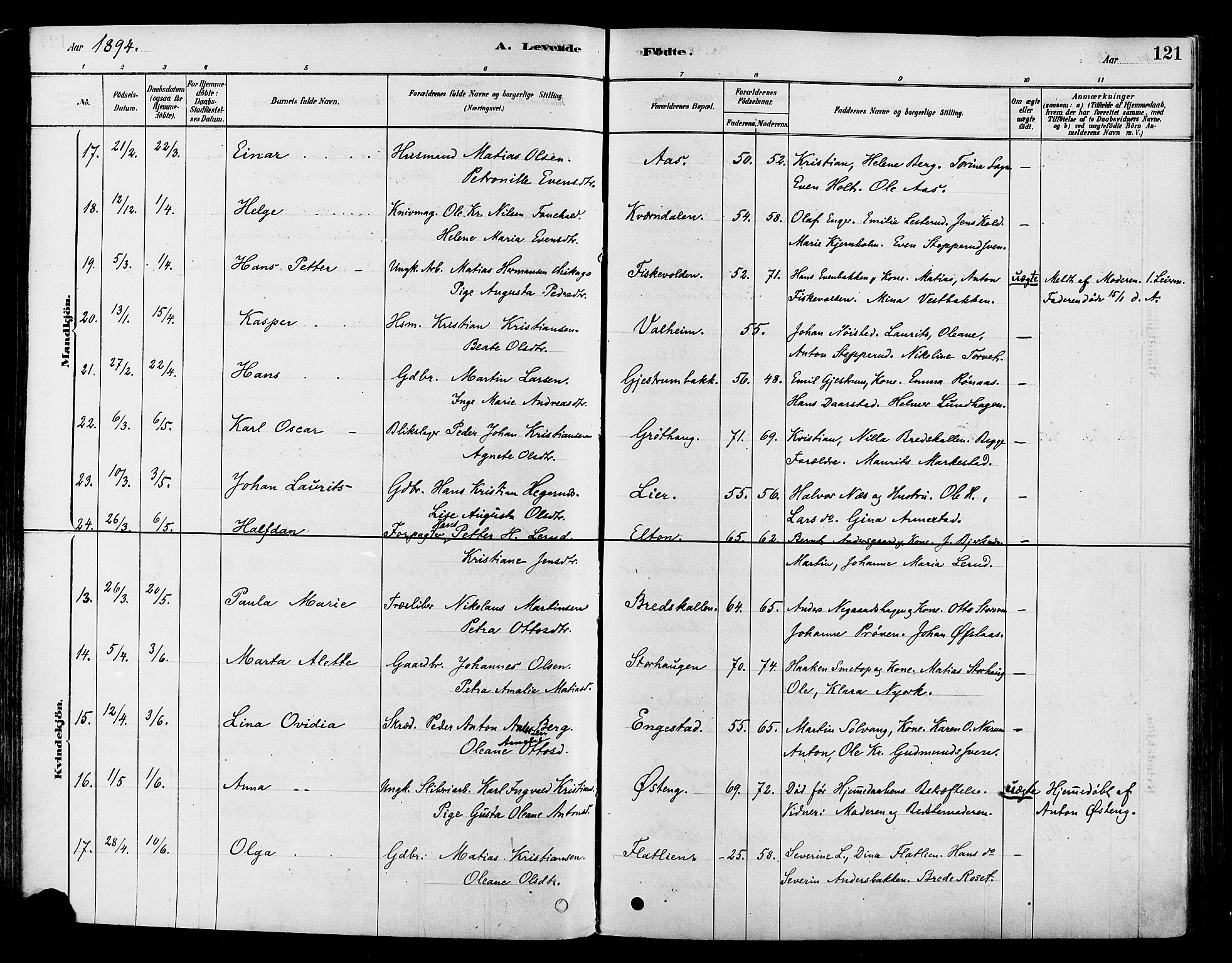 Vestre Toten prestekontor, SAH/PREST-108/H/Ha/Haa/L0009: Parish register (official) no. 9, 1878-1894, p. 121