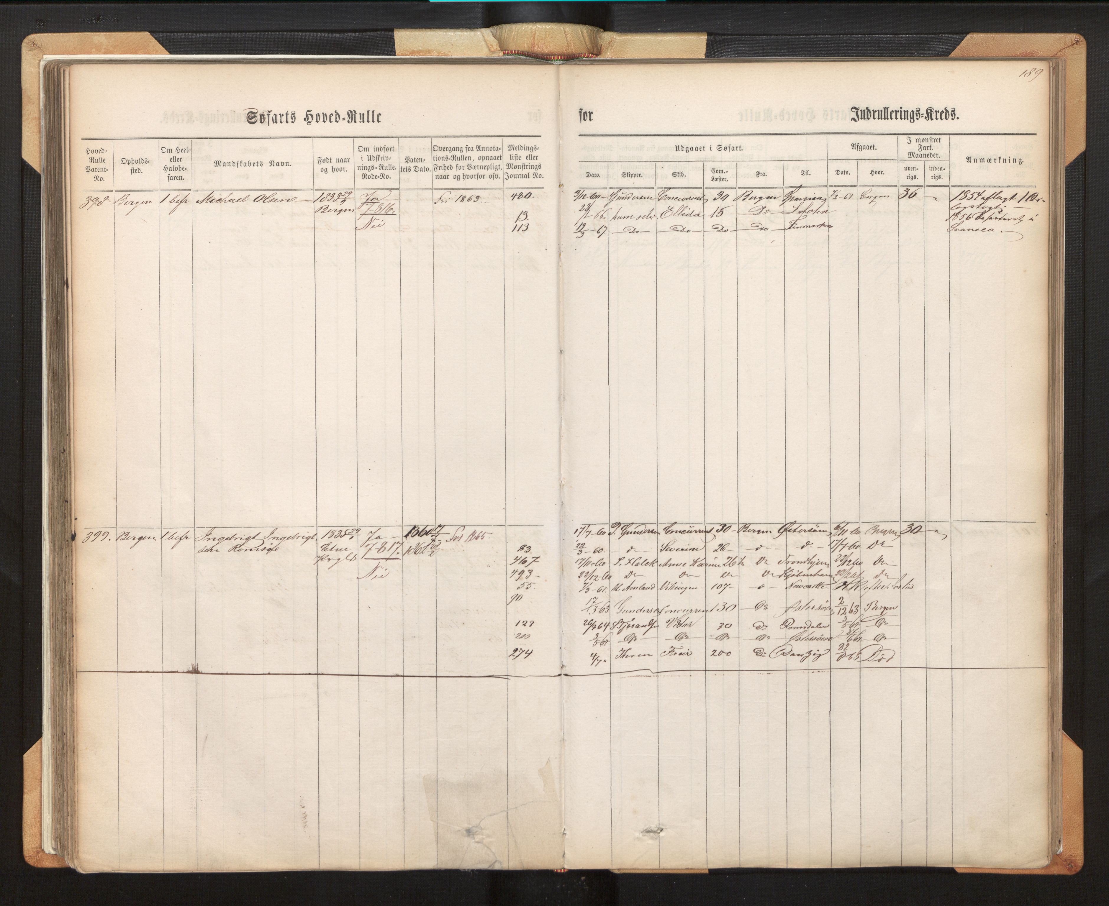 Innrulleringssjefen i Bergen, AV/SAB-A-100050/F/Fh/L0007: Sjøfarts-hovedrulle for Bergen krets, fol. 1 - 315, 1860-1865, p. 189