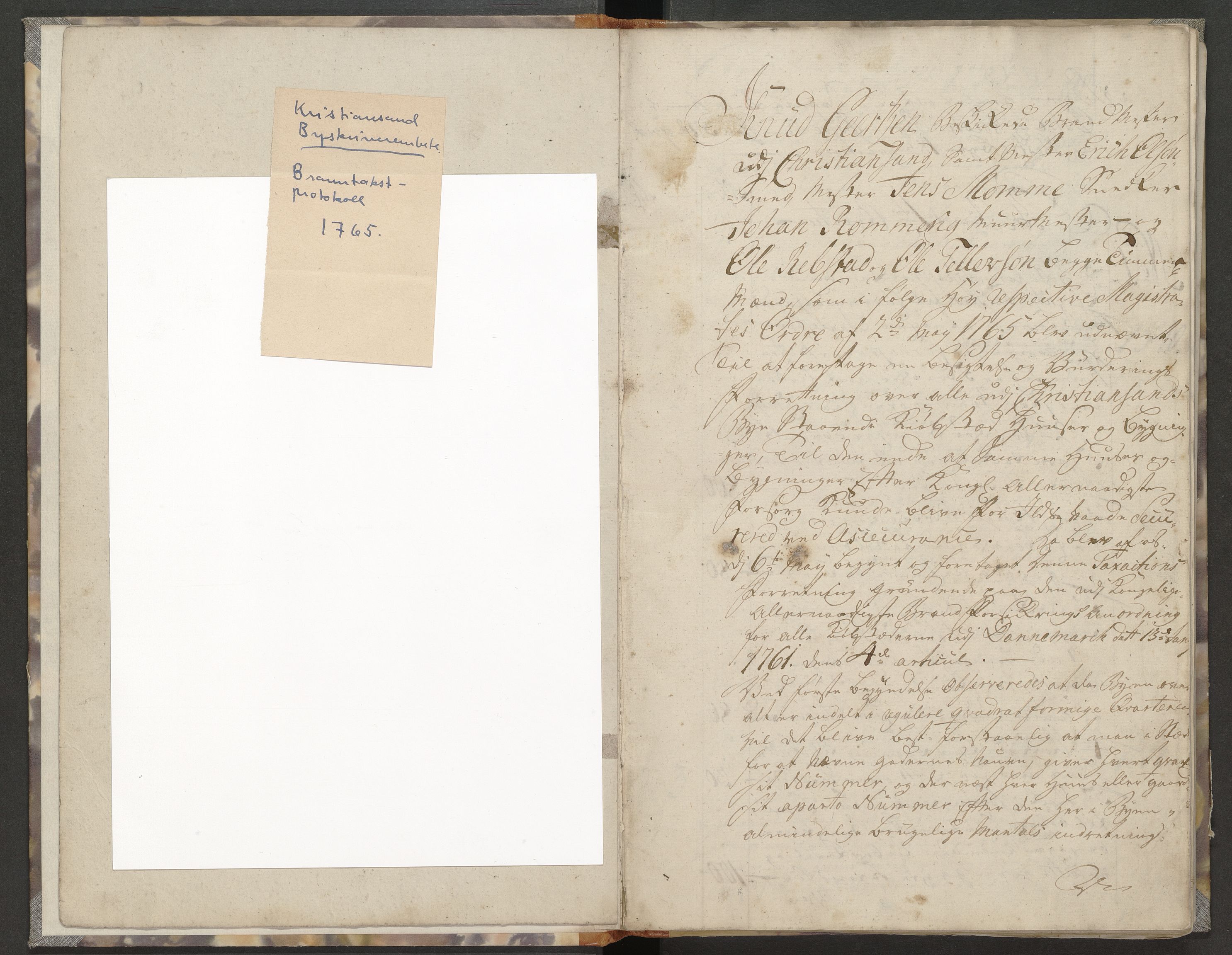 Norges Brannkasse Kristiansand, AV/SAK-2241-0030/F/Fa/L0001: Branntakstprotokoll nr. A1, 1765