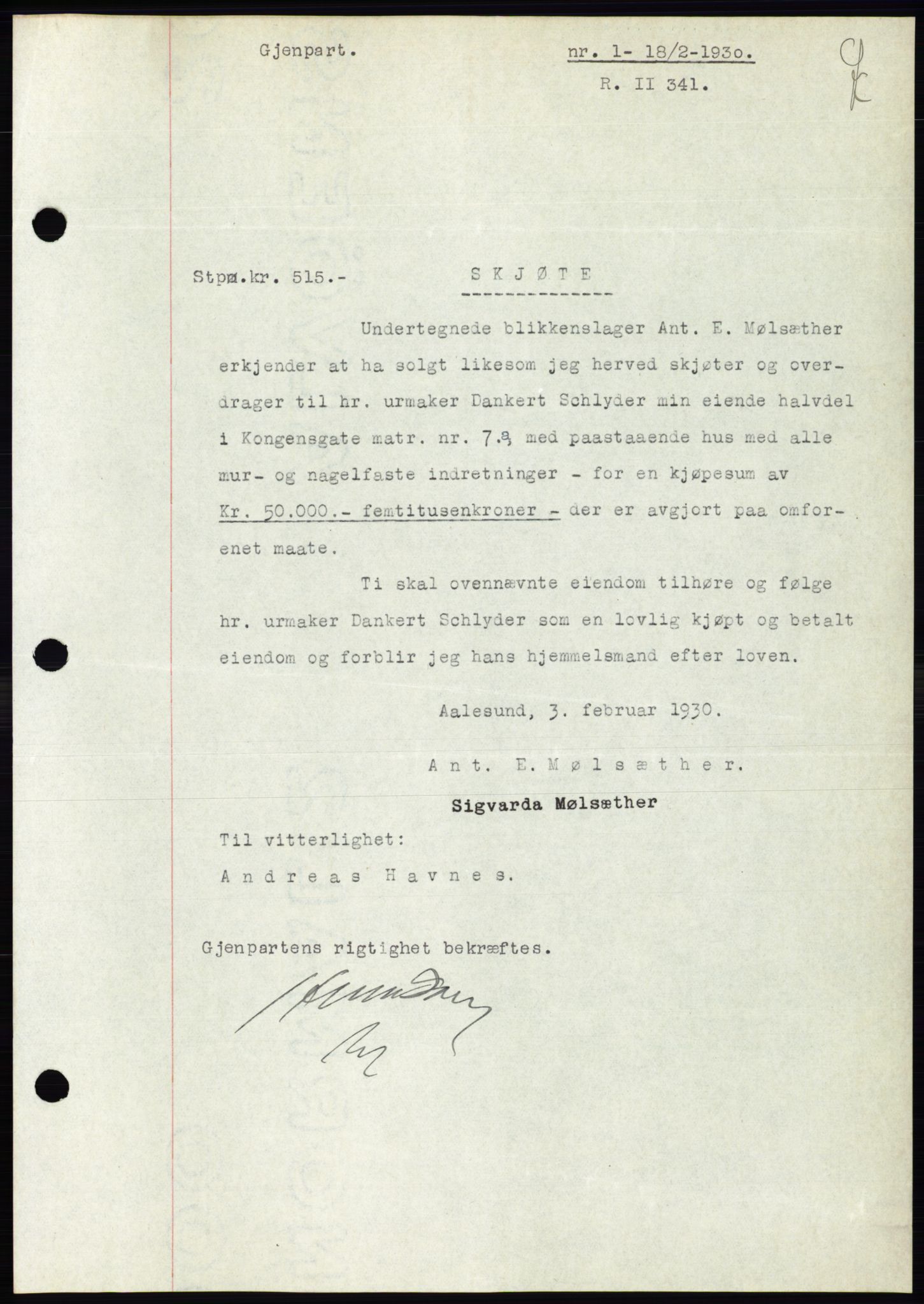 Ålesund byfogd, SAT/A-4384: Mortgage book no. 26, 1930-1930, Deed date: 18.02.1930