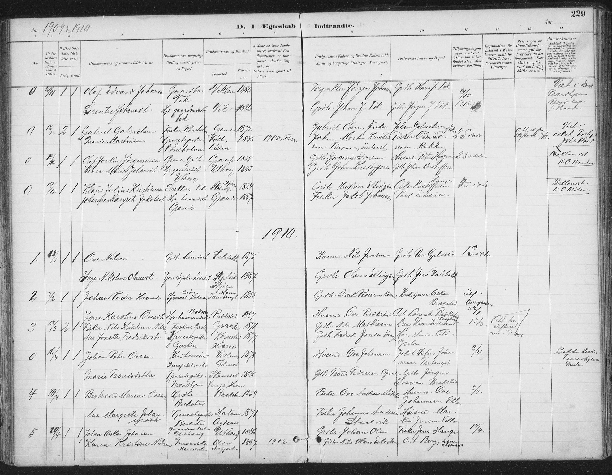 Ministerialprotokoller, klokkerbøker og fødselsregistre - Sør-Trøndelag, SAT/A-1456/659/L0743: Parish register (official) no. 659A13, 1893-1910, p. 229