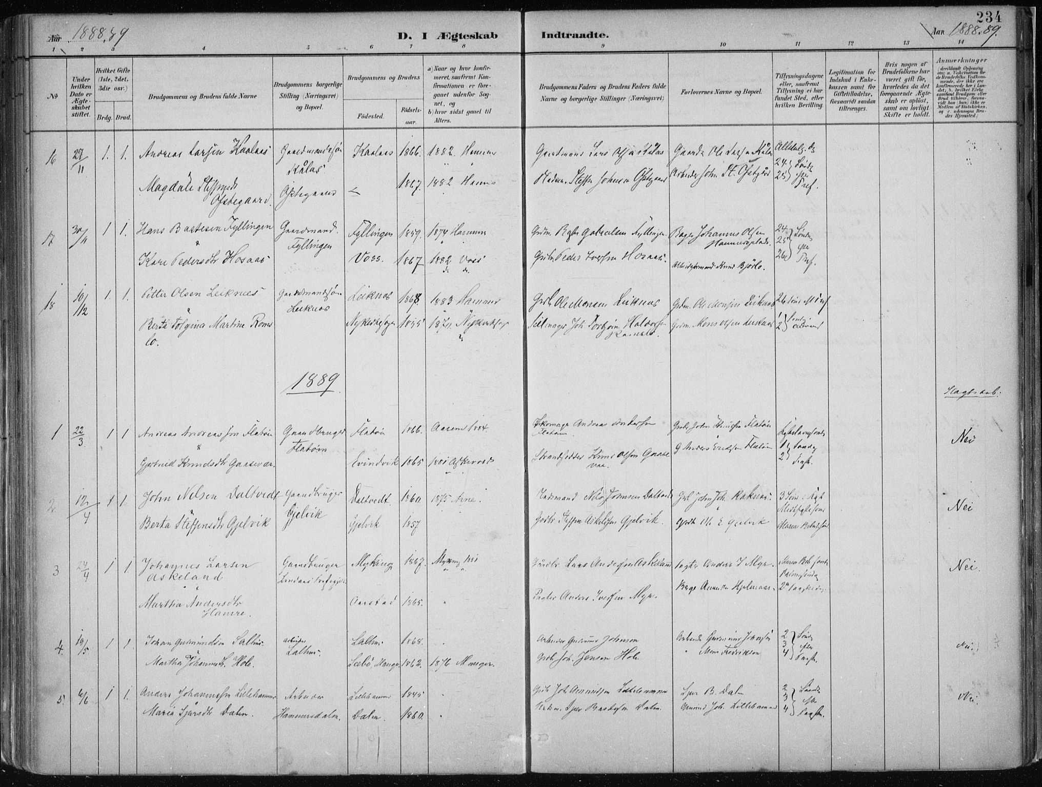 Hamre sokneprestembete, SAB/A-75501/H/Ha/Haa/Haab/L0001: Parish register (official) no. B  1, 1882-1905, p. 234